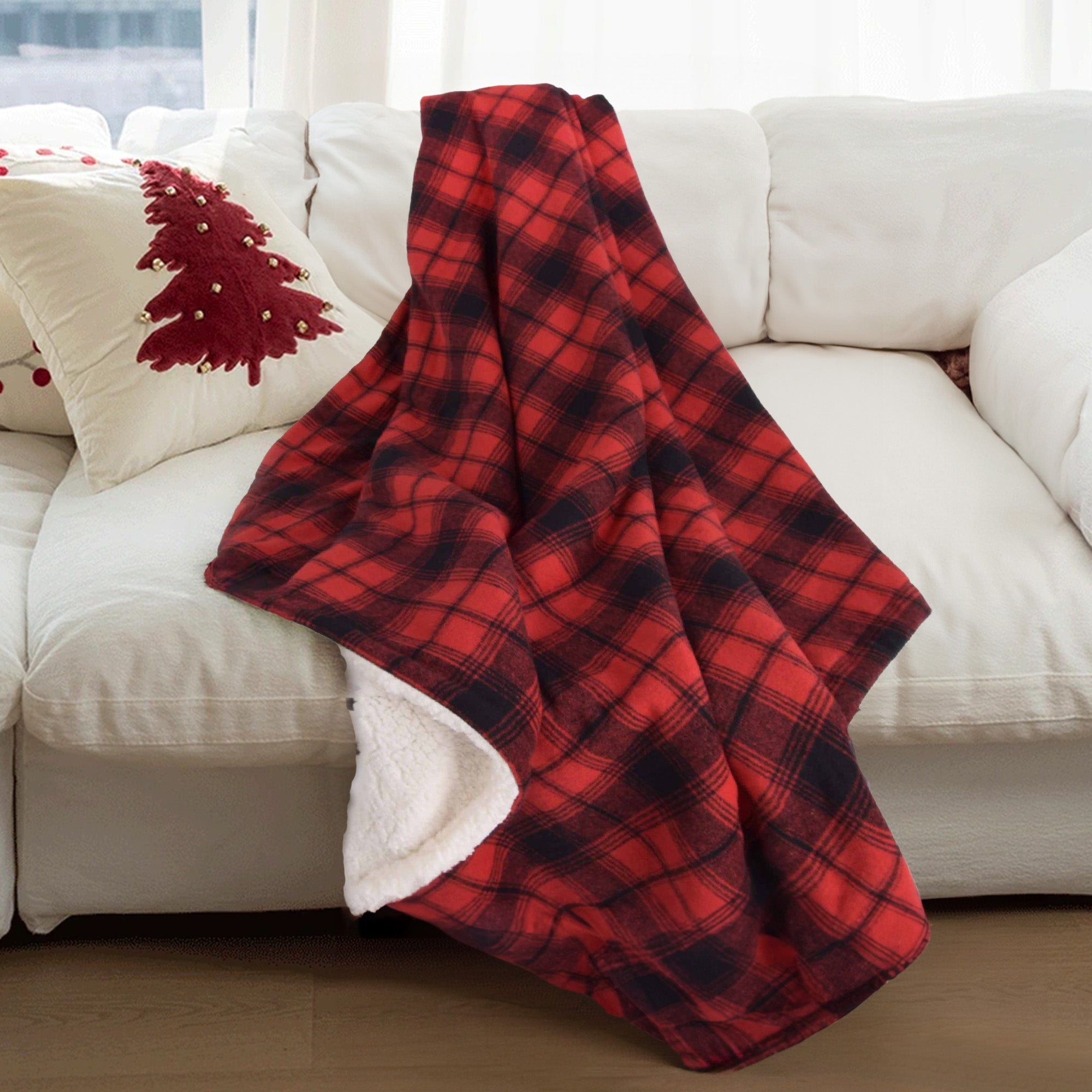 Reversible Plaid Moose Sherpa Blanket - Cozy Red & Black Tartan Fleece Throw - Perfect for Christmas Gifts, Winter Warmth & Cabin Decor