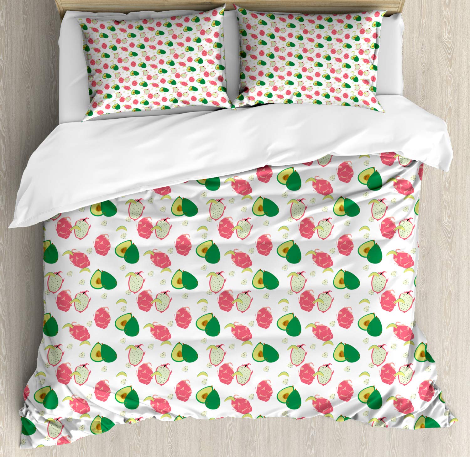 Ambesonne Tropical Duvet Cover Set - Exotic Dragon Fruit & Avocado Print 3-Piece Queen Bedding Set with 2 Pillow Shams in Pale Pink & Green | Perfect for Beach House Decor, Boho Bedroom, and Summer-Themed Guest Rooms