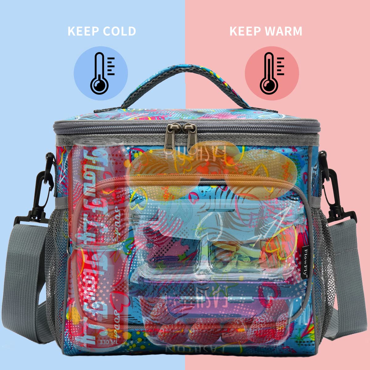 FlowFly Insulated Reusable Lunch Bag for Adults - Large Lunch Box with Adjustable Shoulder Strap, Front Zipper Pocket & Mesh Side Pockets - Perfect for Work, School, Picnics & Outdoor Activities