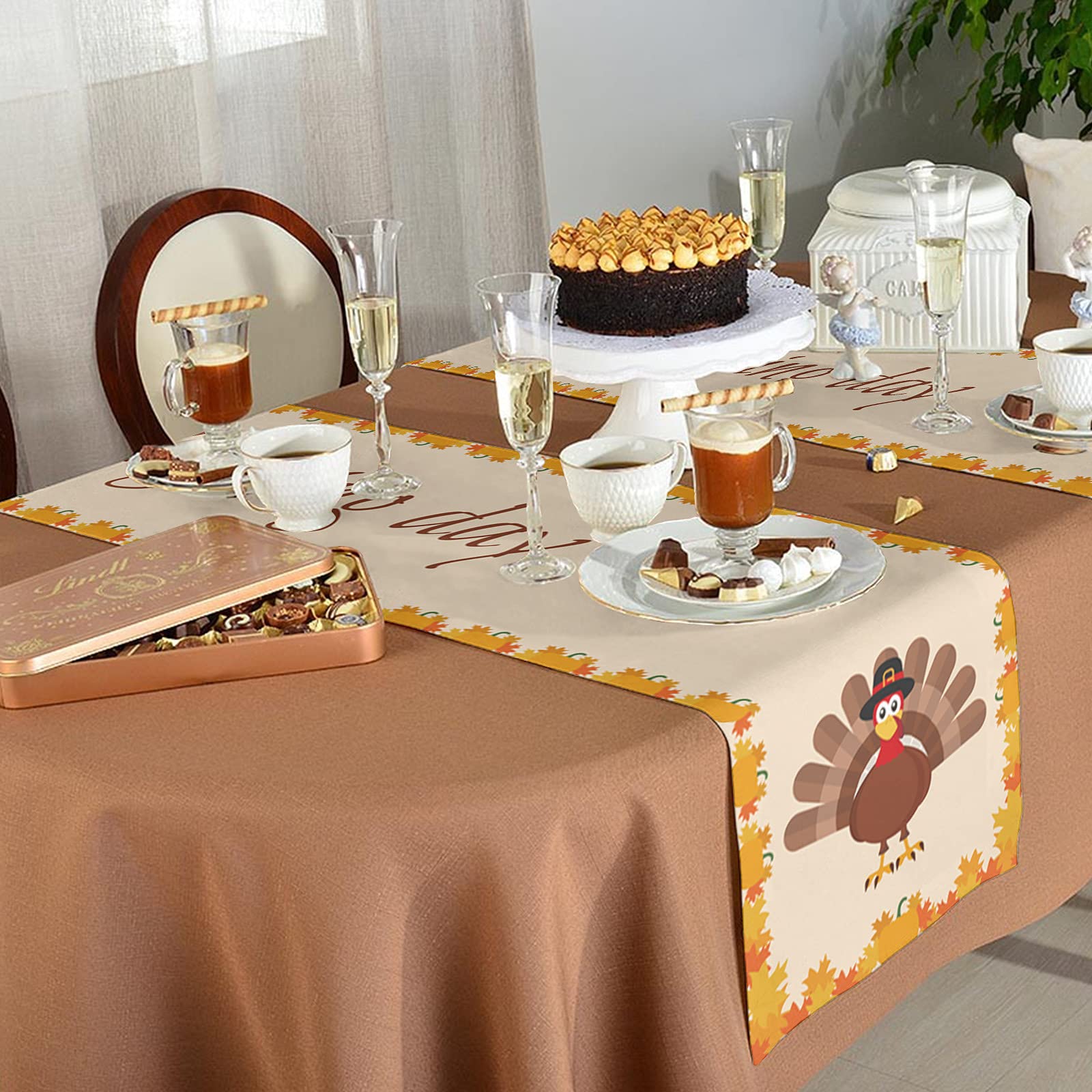Thanksgiving Burlap Table Runner 90 Inches - Fall Harvest Decor with Turkey, Pumpkins & Maple Leaf Design for Holiday Dining, Kitchen, Coffee Table - Perfect for Thanksgiving, Autumn Parties & Home Decor