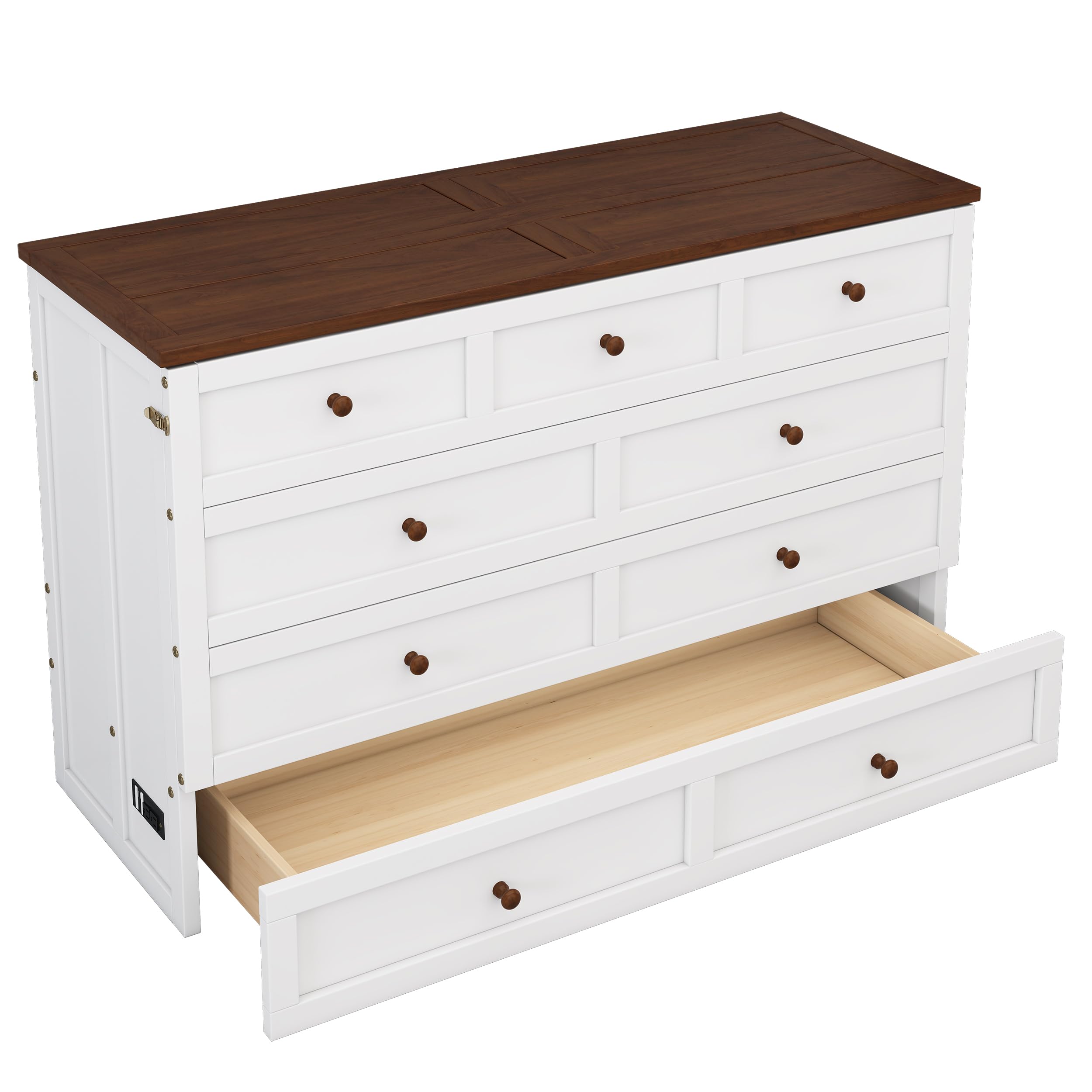 Queen Size Murphy Bed Cabinet with USB Charging Station & Large Storage Drawer - Solid Wood Wall Bed Frame, Foldable Space Saving Design for Small Rooms - Perfect for Home Office, Guest Room or Studio Apartment (White & Walnut Finish)