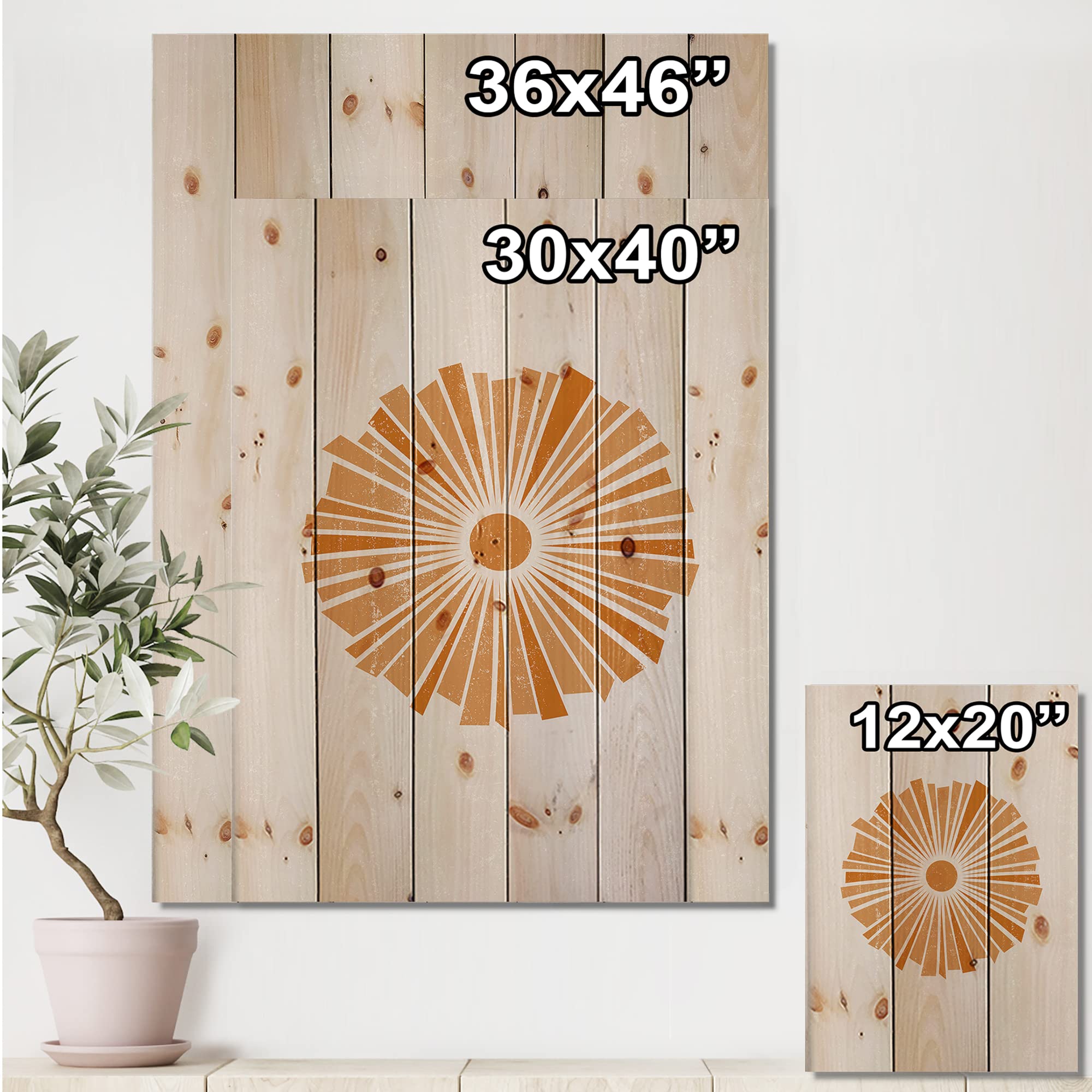 DesignQ Minimal Orange Radiant Sun Modern Wood Wall Art - Contemporary Geometric Wood Wall Decor Printed on Natural Pine - Perfect for Living Room, Bedroom & Office Decor