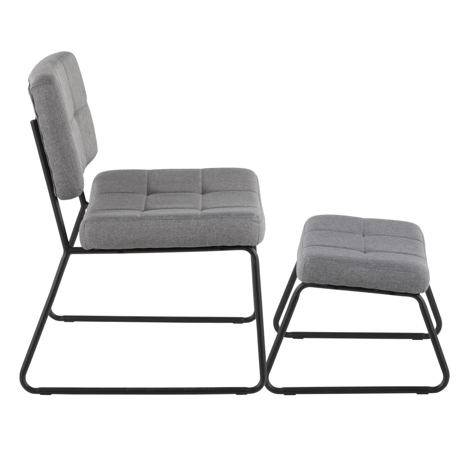 LumiSource Stout Lounge Chair with Ottoman - Grey & Black Fabric Armless Accent Chair for Living Room & Bedroom - Contemporary Comfortable Seating for Relaxing, Reading & Lounging