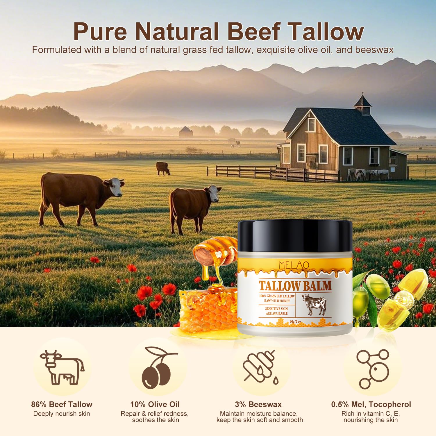 Grass-Fed Beef Tallow & Manuka Honey Moisturizing Balm - Organic Unscented Whipped Skin Cream with Beeswax & Olive Oil for Face & Body - Fast Absorbing, Deep Hydration (2 oz) - Perfect for Dry Skin, Eczema & Nighttime Skincare Routine