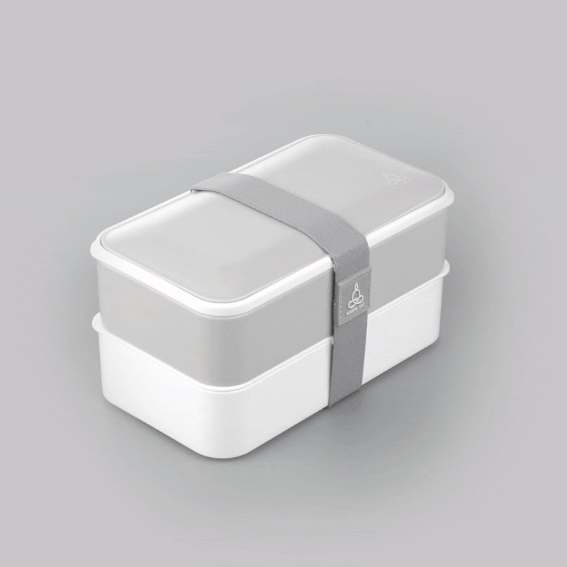 Bento Tek 41 oz Gray & White Buddha Box - All-in-One Lunch Container with Utensils & Sauce Cup (7.25