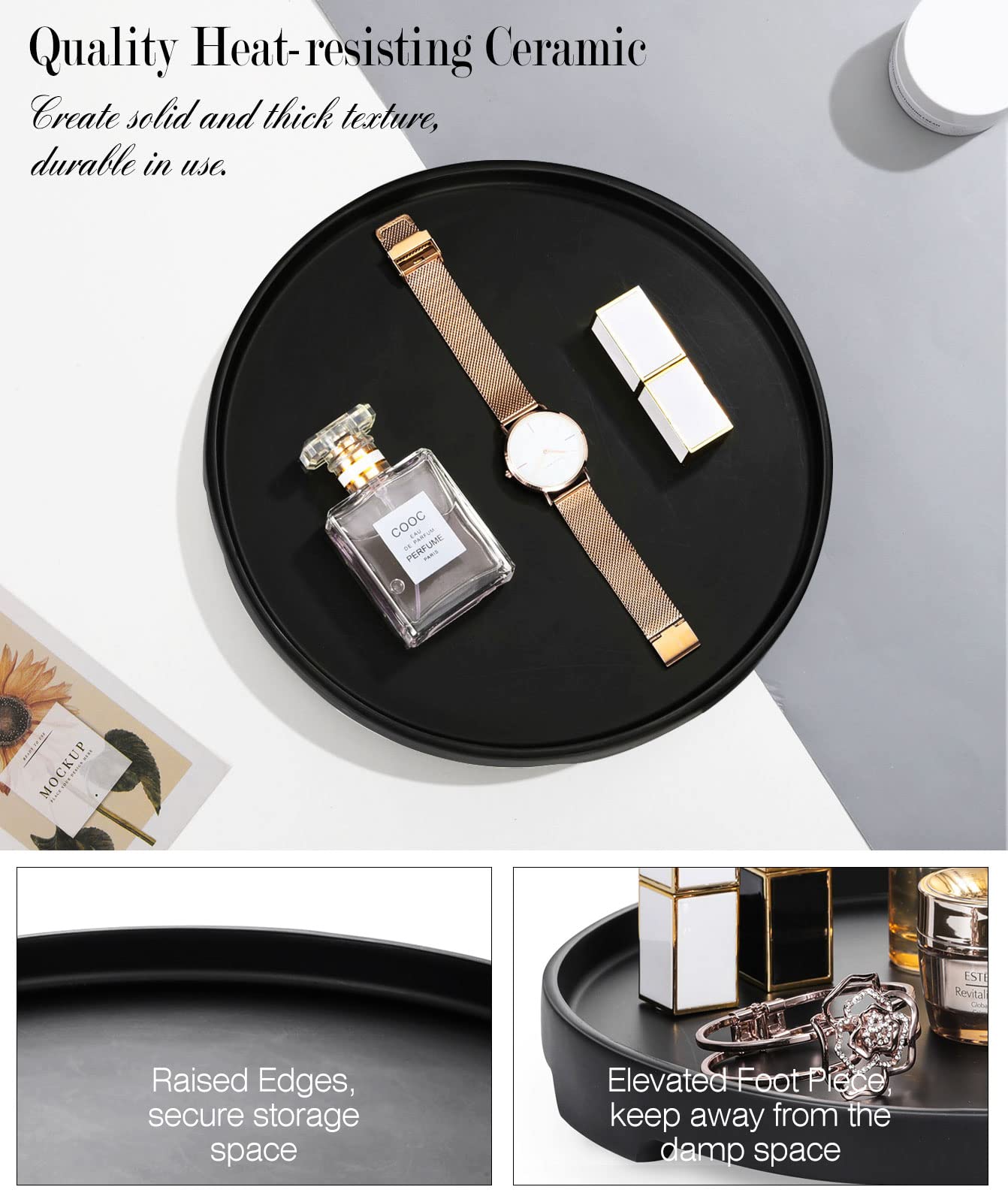 MoKo Vanity Tray - Round Resin Decorative Catchall Organizer for Jewelry, Cosmetics & Bathroom Essentials - Frosted Black Storage Tray for Dresser, Countertop & Vanity - Perfect for Bedroom, Bathroom & Living Room Organization