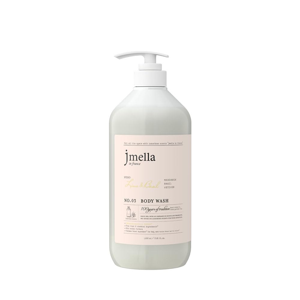 JMella France Lime & Basil Body Wash - 33.8 Fl Oz | Paraben-Free, Chemical-Free Formula with Strawberry Leaf Extract & 17 Amino Acid Complex | Luxury French Fragrance for Sensitive Skin | Perfect for Daily Shower & Spa Relaxation