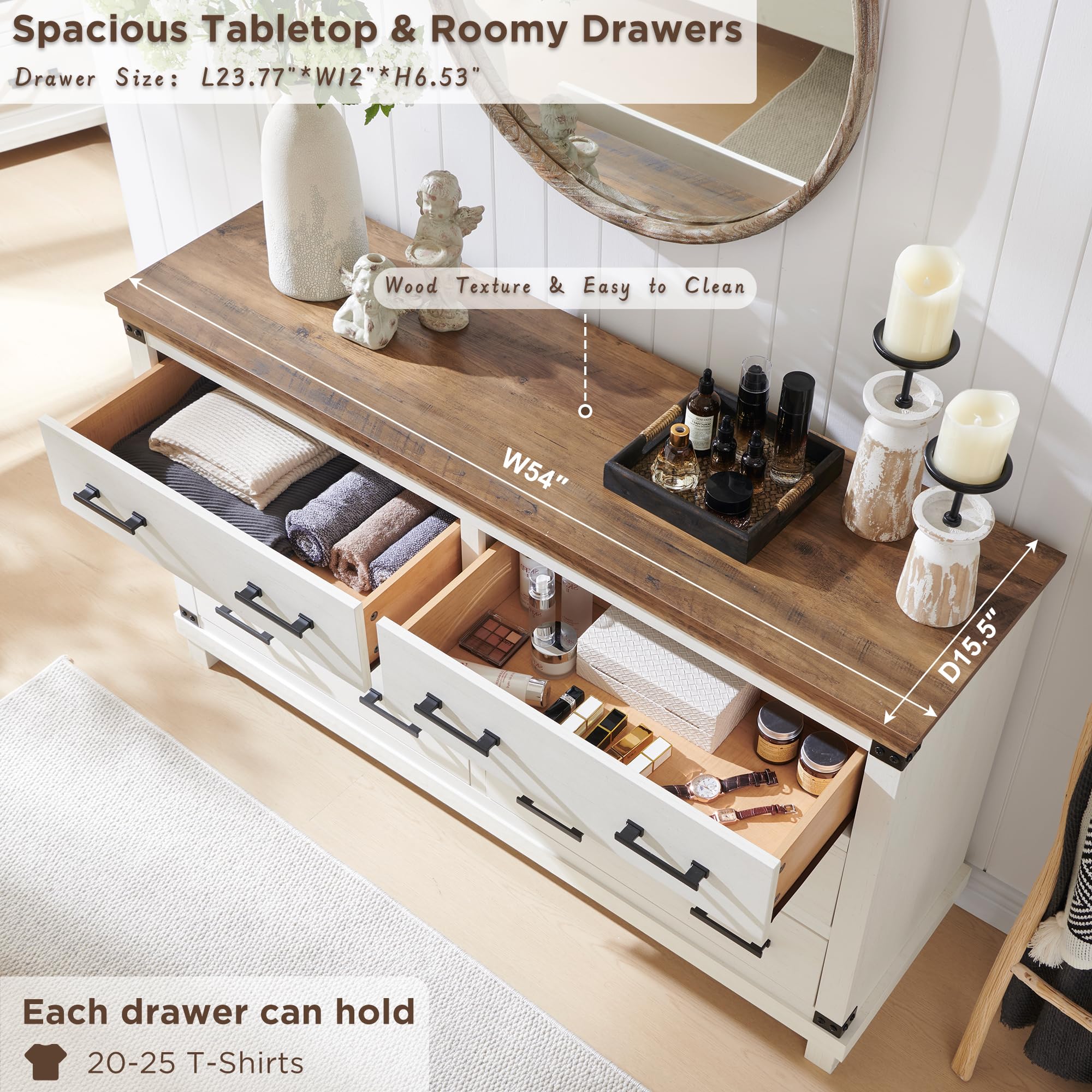 Farmhouse 6-Drawer Dresser - Solid Wood Large Chest of Drawers with Thick Plank Design, Rustic Bedroom or Living Room Storage Furniture in Antique White - Perfect for Master Bedroom, Guest Room & Home Organization