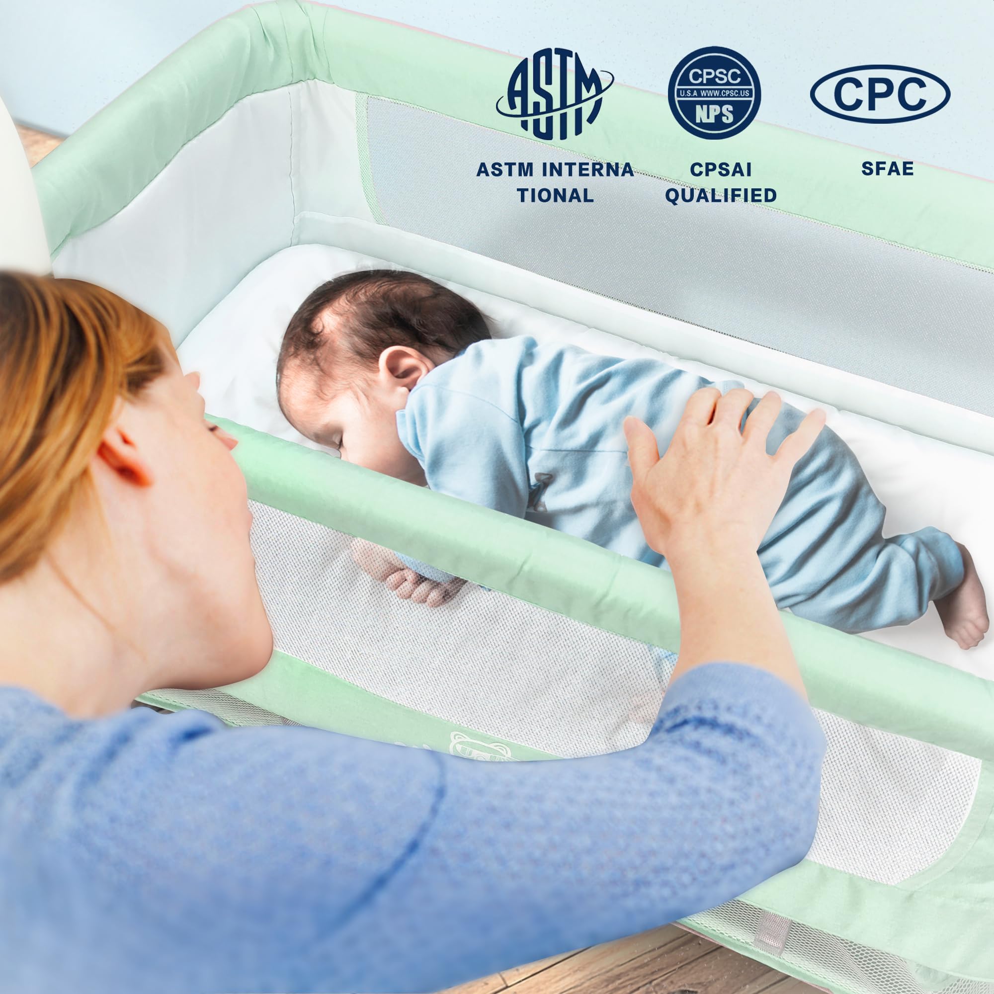 Portable Baby Bassinet with Adjustable Height & Breathable Mesh - Removable Canopy, Compact Design for Nursery & Travel - ASTM Certified for Newborn to Toddler (Green) - Perfect for Home, Daycare & Family Trips