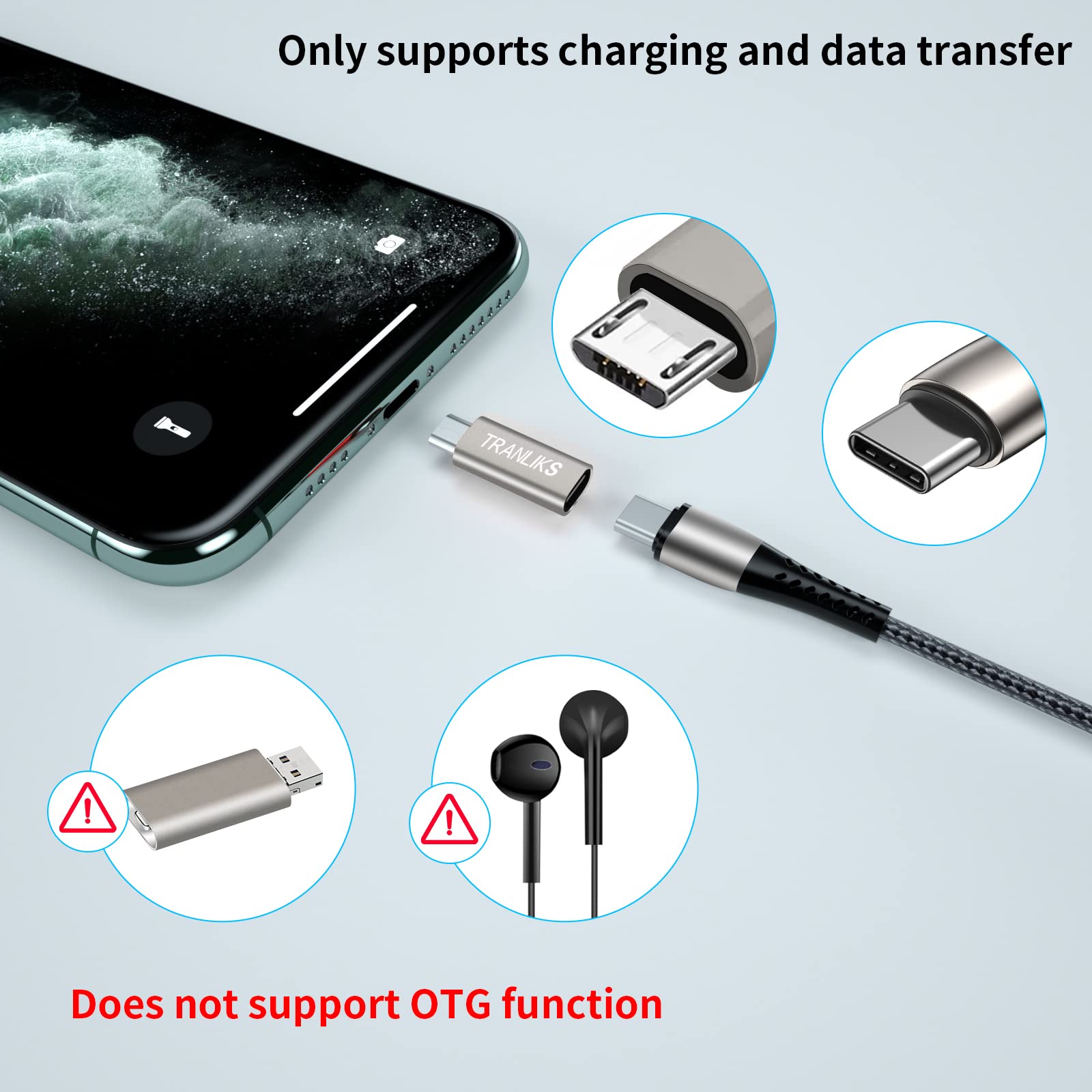 5-Pack TRANLIKS USB C to Micro USB Adapter - Male to Female Converter for Charging & Data Sync - Compatible with Micro USB Devices - Perfect for Smartphones, Tablets & Gaming Controllers