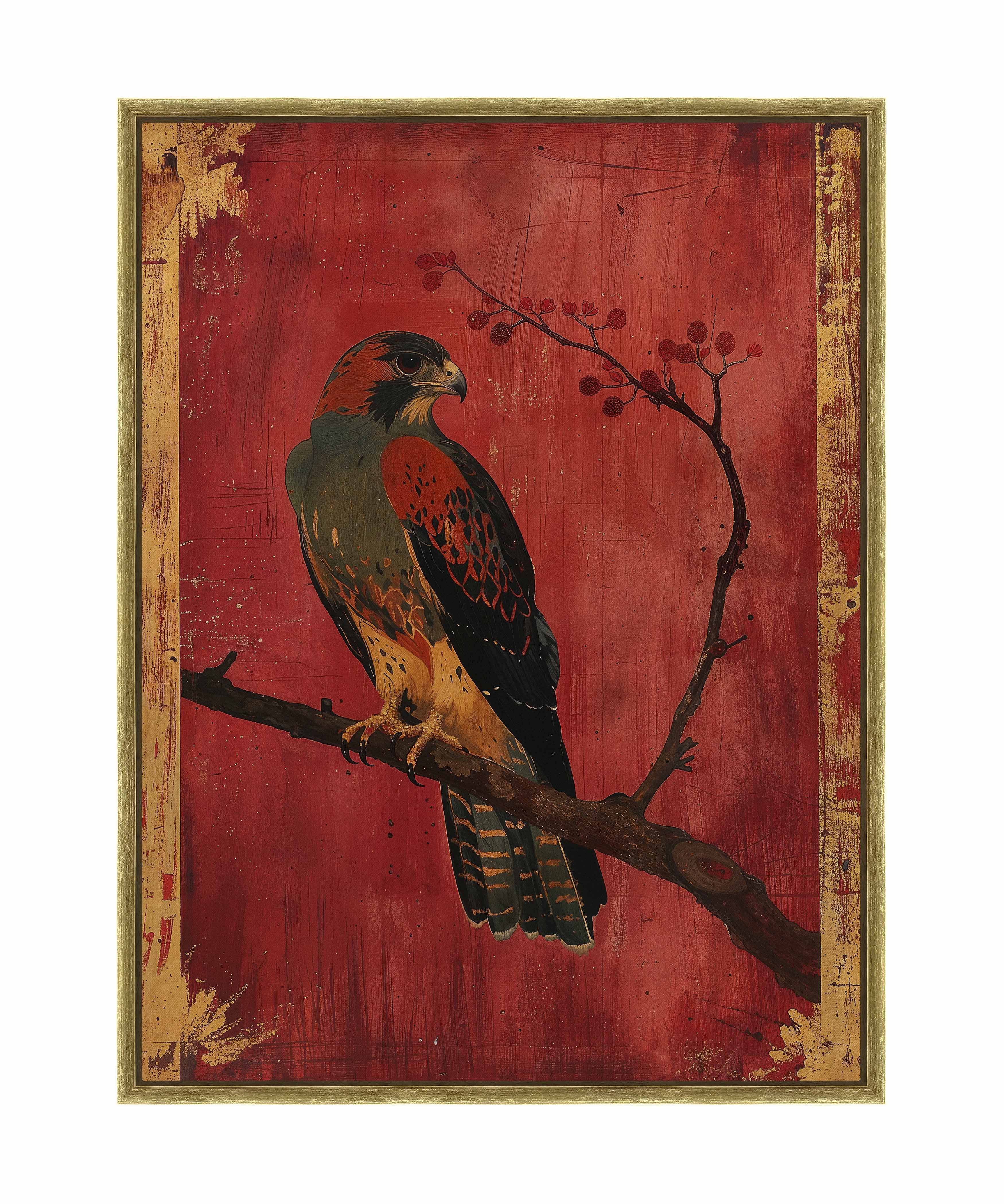 Crimson Majesty Falcon of the Silk Road Wall Art - Handmade Gallery Wrapped Canvas Painting for Living Room, Bedroom & Office Decor