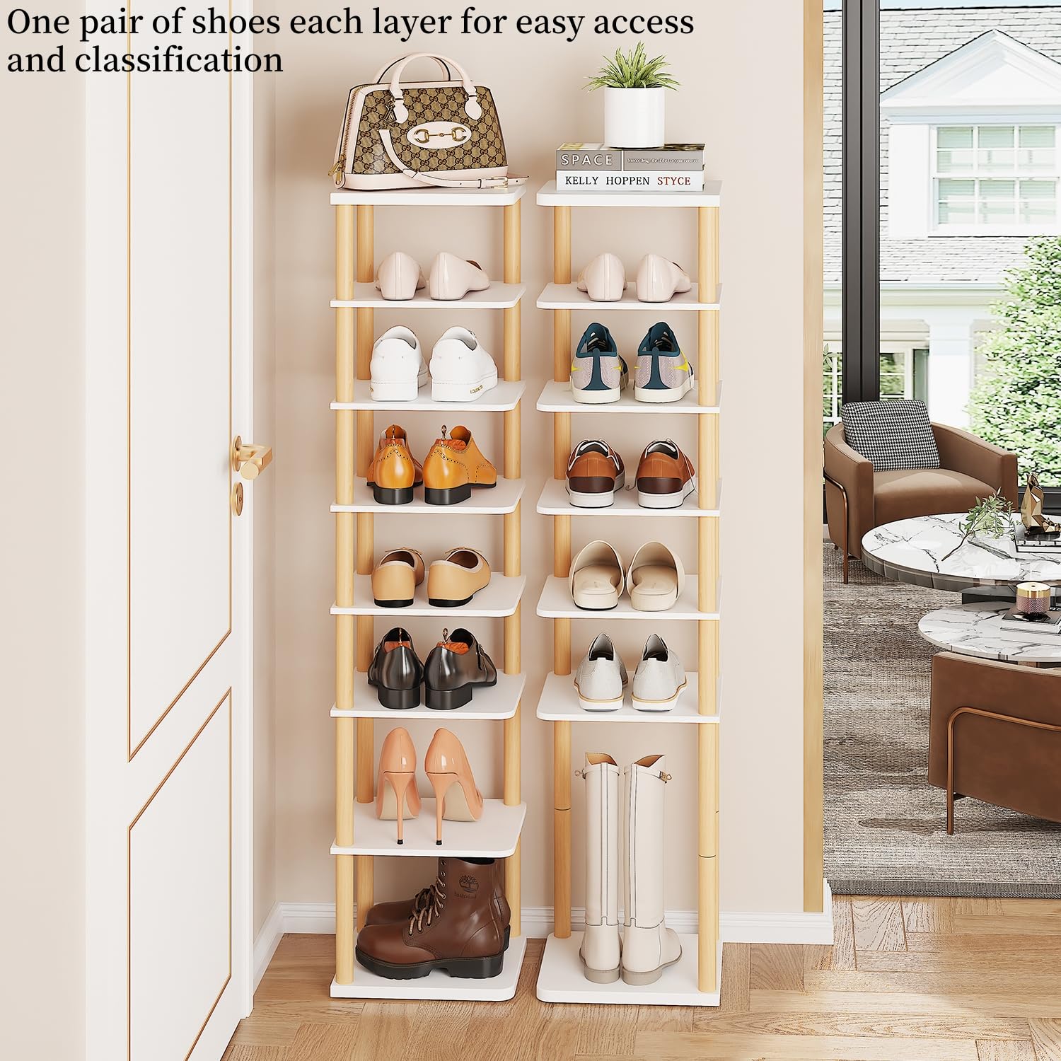LUCKNOCK 8-Tier Vertical Shoe Rack - Space Saving Shoe Organizer for Entryway, Closet, Dorm & Small Spaces - White Freestanding Wooden Shoe Shelf for Boots, Sneakers & Heels - Perfect for Home, Office & Apartment Organization