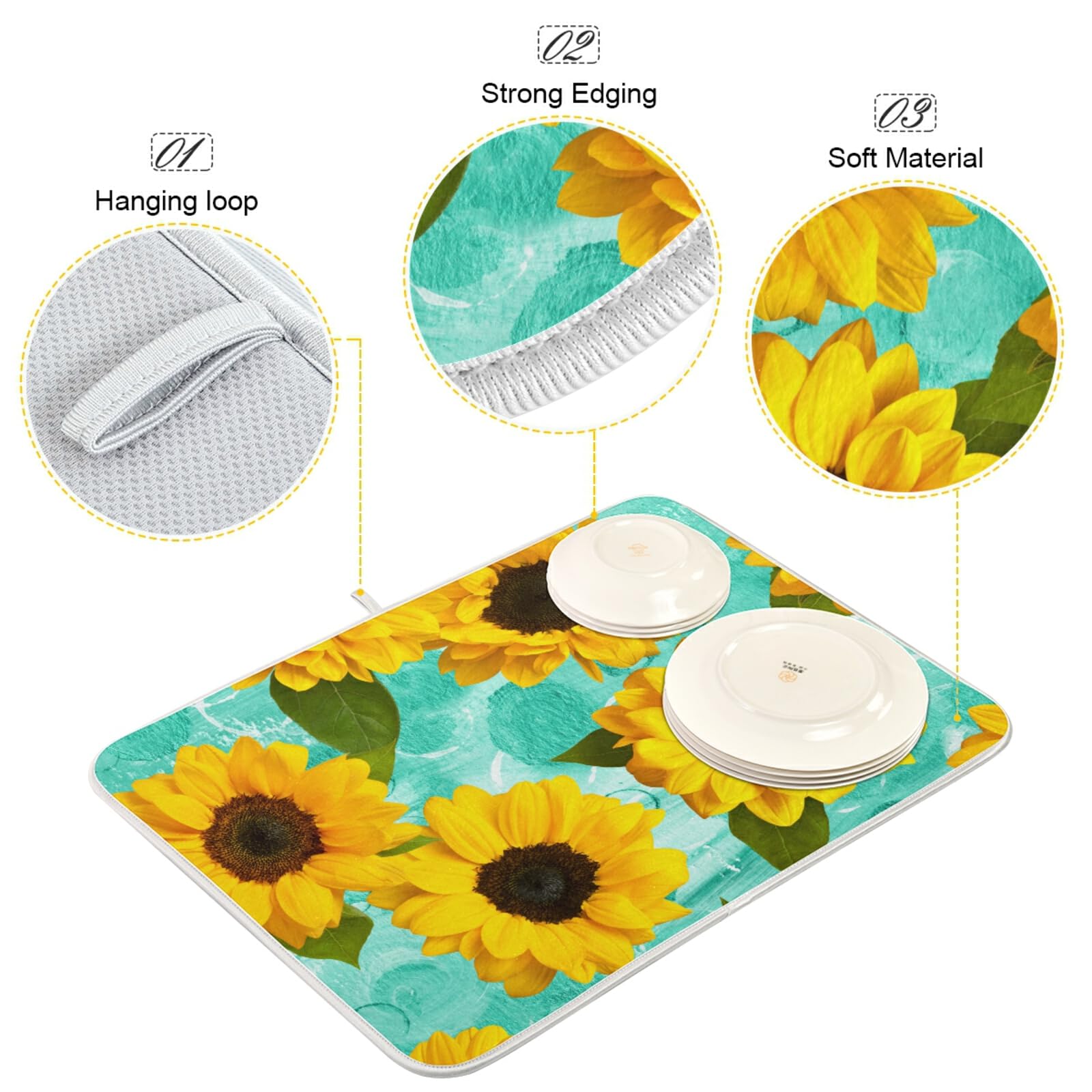 **Floral Dish Drying Mat - Absorbent Microfiber Kitchen Counter Mat, Washable & Quick-Dry Dish Rack Pad (16x18 Inches) - Perfect for Countertops, Sink Areas & Dish Organization**