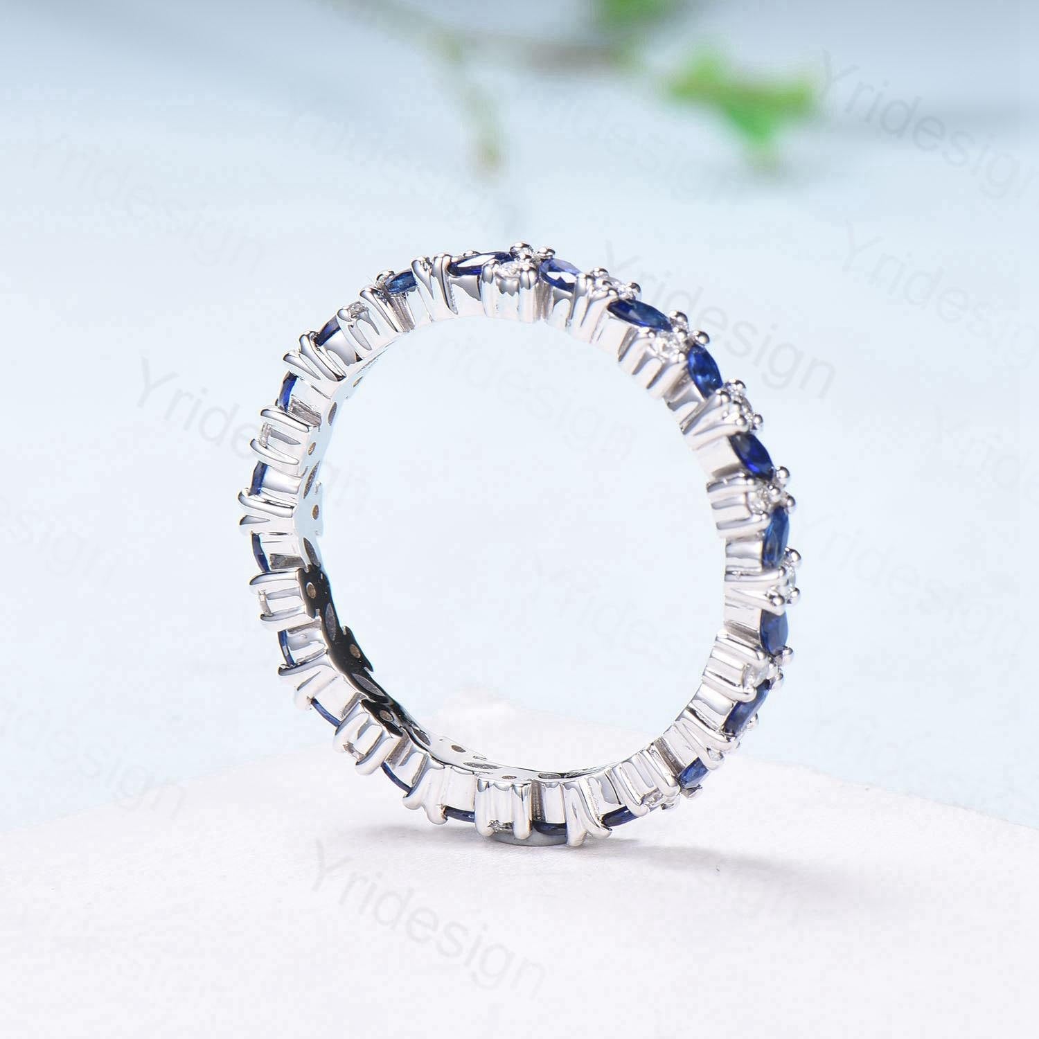 14K Rose Gold Marquise Cut Sapphire Eternity Wedding Band for Women - Stackable Promise Ring, Anniversary Gift for Her - Perfect for Bridal Sets, Engagements & Special Occasions