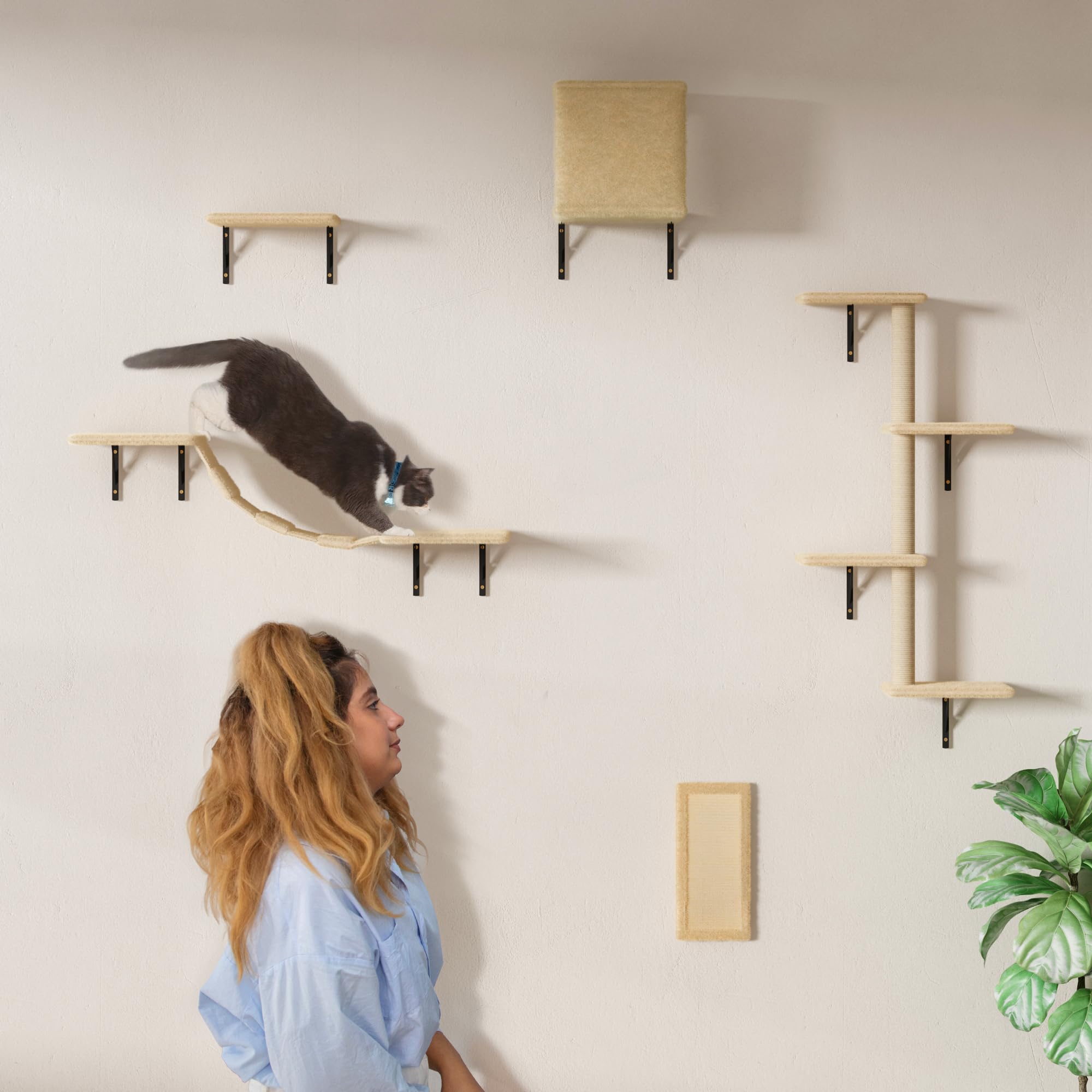 COZIWOW 5-Piece Cat Wall Shelves & Perches Set - Modern Cat Climbing Furniture with Scratching Post, Hanging Bed, House, Steps & Tree for Large & Small Cats (Beige) - Perfect for Indoor Cat Play & Relaxation Spaces