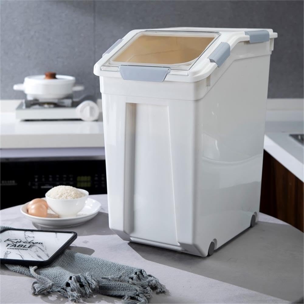 HANAMYA 32.5 Liter (35 lbs) BPA-Free Pet Food Storage Container with Measuring Cup - Airtight Dry Food Bin for Dog Food, Cat Food, Rice, Grain & Flour - Ideal for Kitchen Pantry Organization (White & Gray, 1 Count)
