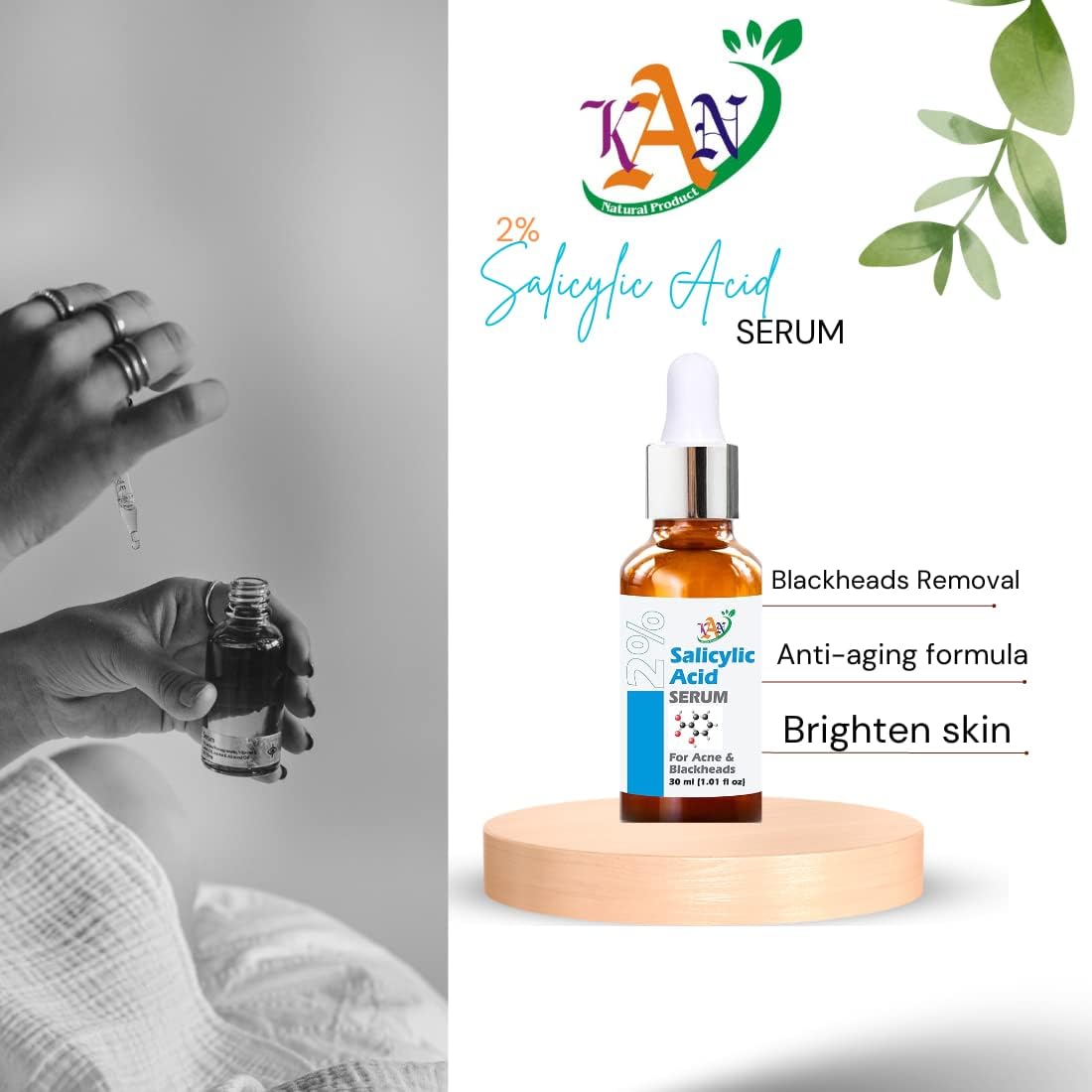 Kan Natural 2% Salicylic Acid Face Serum for Acne, Blackheads & Oil Control - Gentle Exfoliating Serum for Oily & Acne-Prone Skin - Suitable for Women & Men, 30ml - Perfect for Daily Skincare Routine & Blemish Treatment