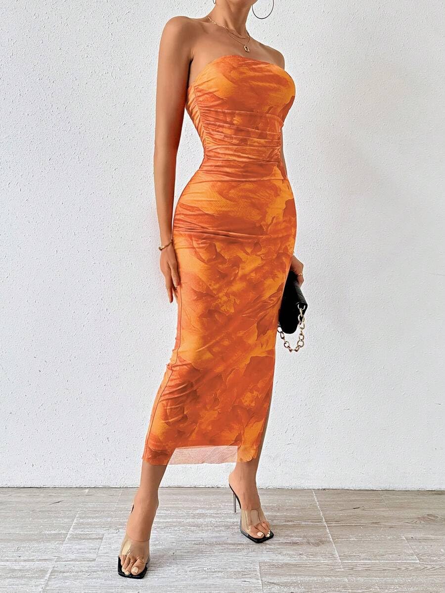 Women's Summer Floral Printed Strapless Tube Top Bodycon Maxi Dress with Side Slit & Mesh Layering - Perfect for Beach Vacations, Pool Parties and Night Out