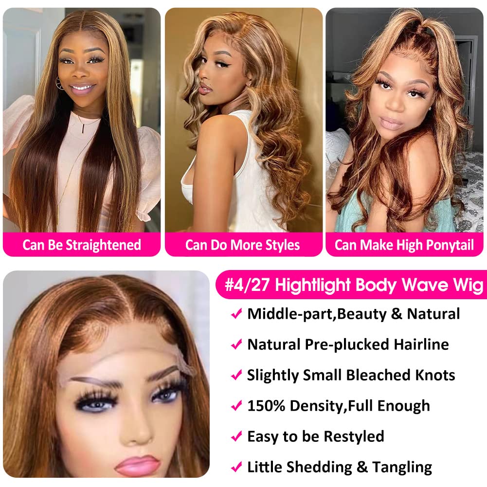 Human Hair Wigs for Black Women - 24 Inch Glueless Body Wave Ombre Highlight Lace Front Wig with Baby Hair & 150% Density (4x4 Lace, Pre-Plucked) | Perfect for Daily Wear, Parties & Special Occasions