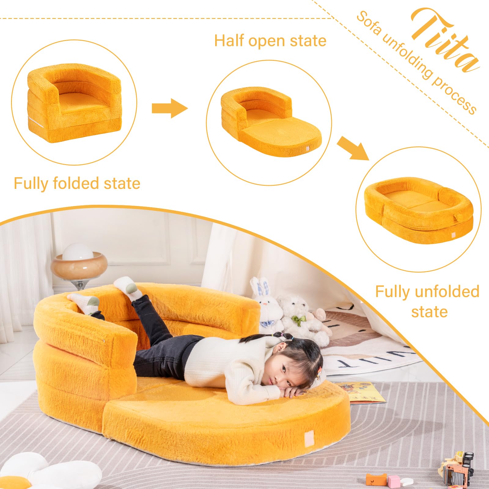 Tiita 3-in-1 Convertible Kids Sofa Bed - Plush Toddler Chair & Travel Bed with Washable Cover & Carrying Handle - Perfect for Nursery, Playroom & Travel - Gift for Boys & Girls