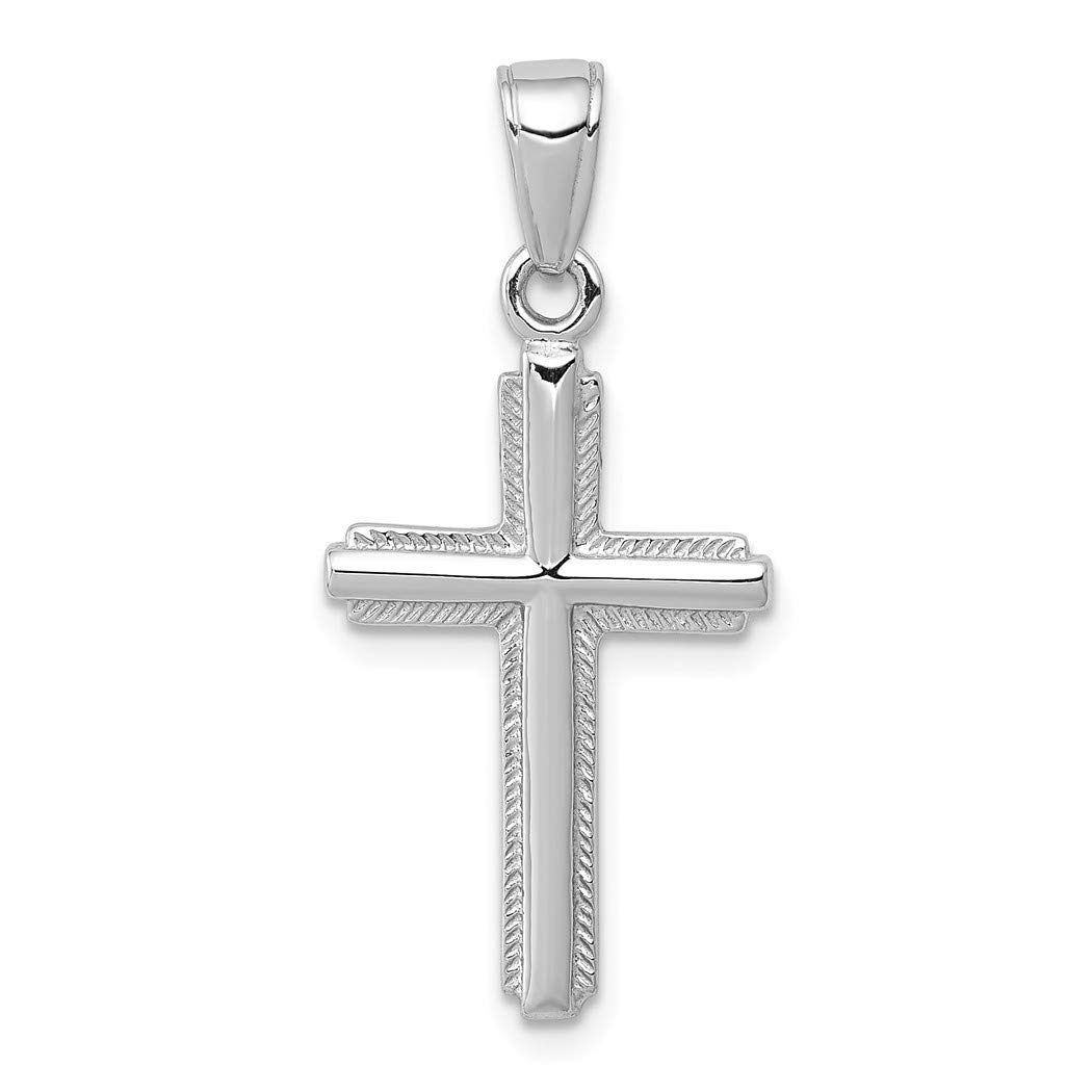 14K White Gold Religious Faith Cross Pendant with Stripped Border - Elegant Jewelry Gift for Women, Perfect for Baptism, Confirmation, and Daily Wear
