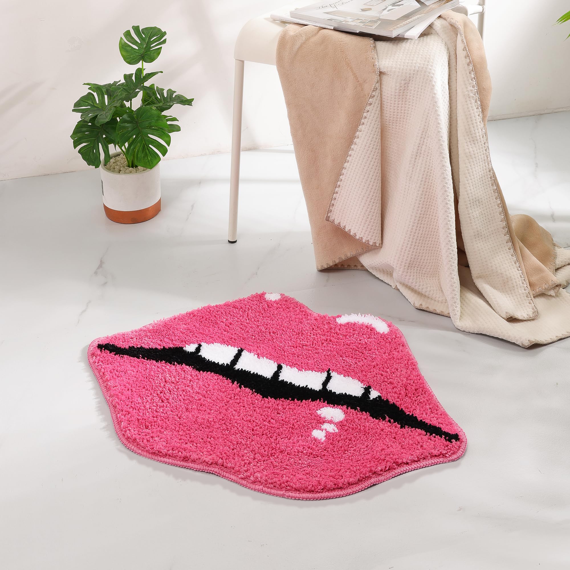 Panstar Pink Non-Slip Lip Shaped Bath Mat - Super Absorbent Plush Bathroom Rug for Shower & Bathtub - Cute Lips Design Home Decor for Girls & Women (Perfect for Bathroom, Bedroom, Dorm)