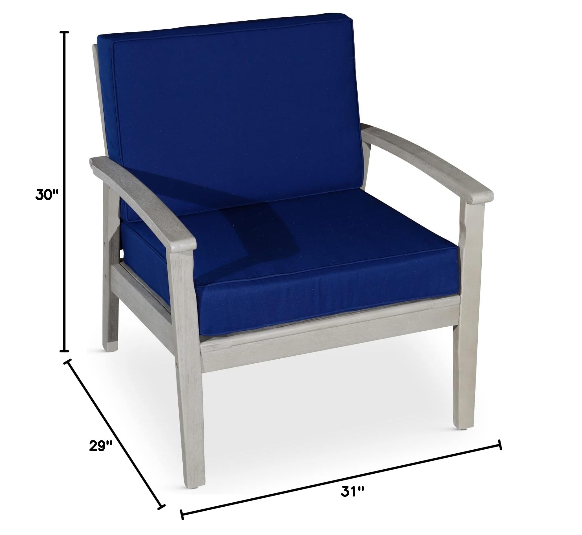 DTY Outdoor Living Longs Peak Deep Seat Eucalyptus Chair - Weather-Resistant Driftwood Gray Finish with Navy Cushions, Perfect for Patio, Garden, Poolside & Backyard Relaxation