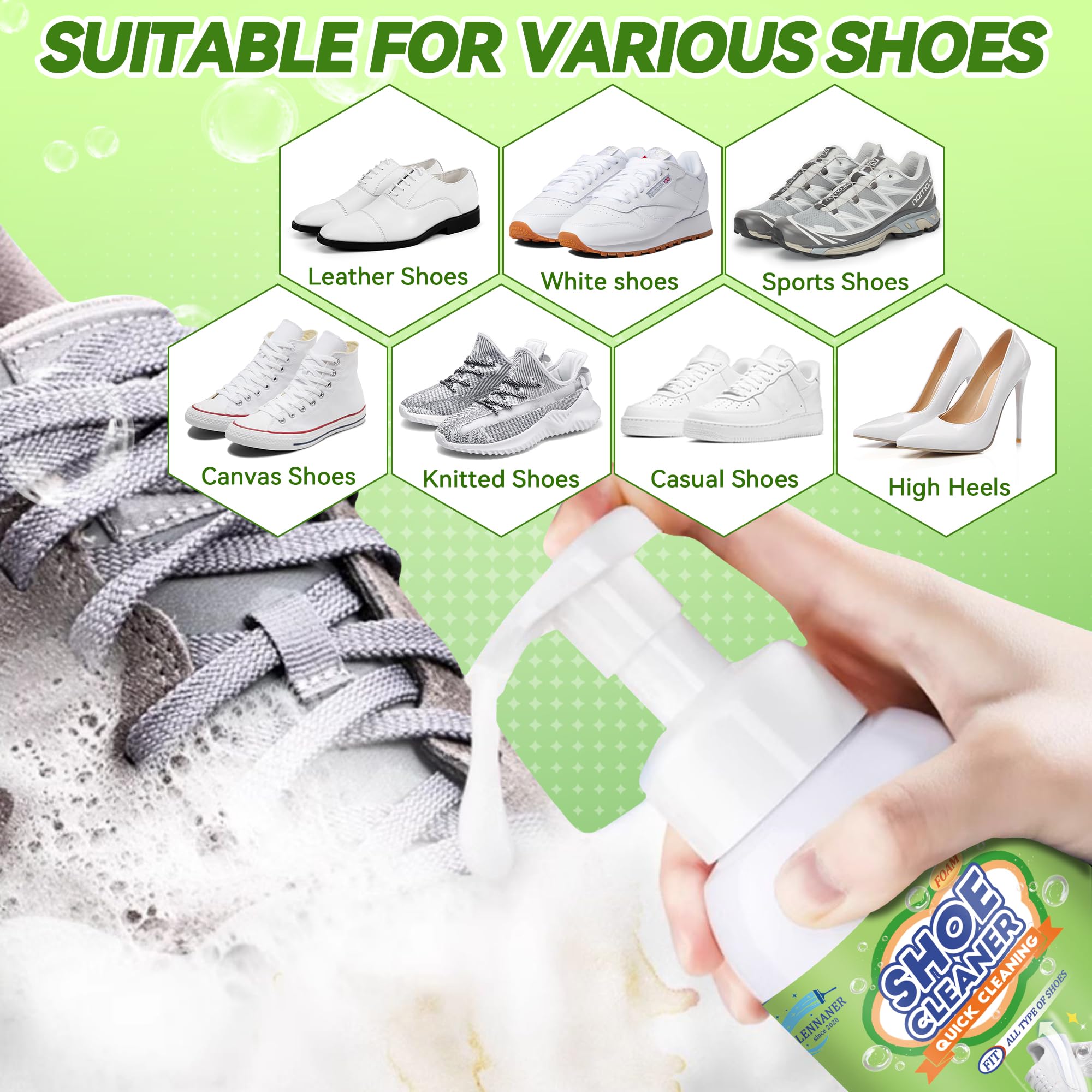 Premium Shoe Cleaner Kit - 6.76 Oz Sneaker & Shoe Cleaner for Leather, Knit, Canvas, PU - Effectively Removes Dirt & Stains - Perfect for Sneakers, Athletic Shoes, Boots & Casual Footwear Care