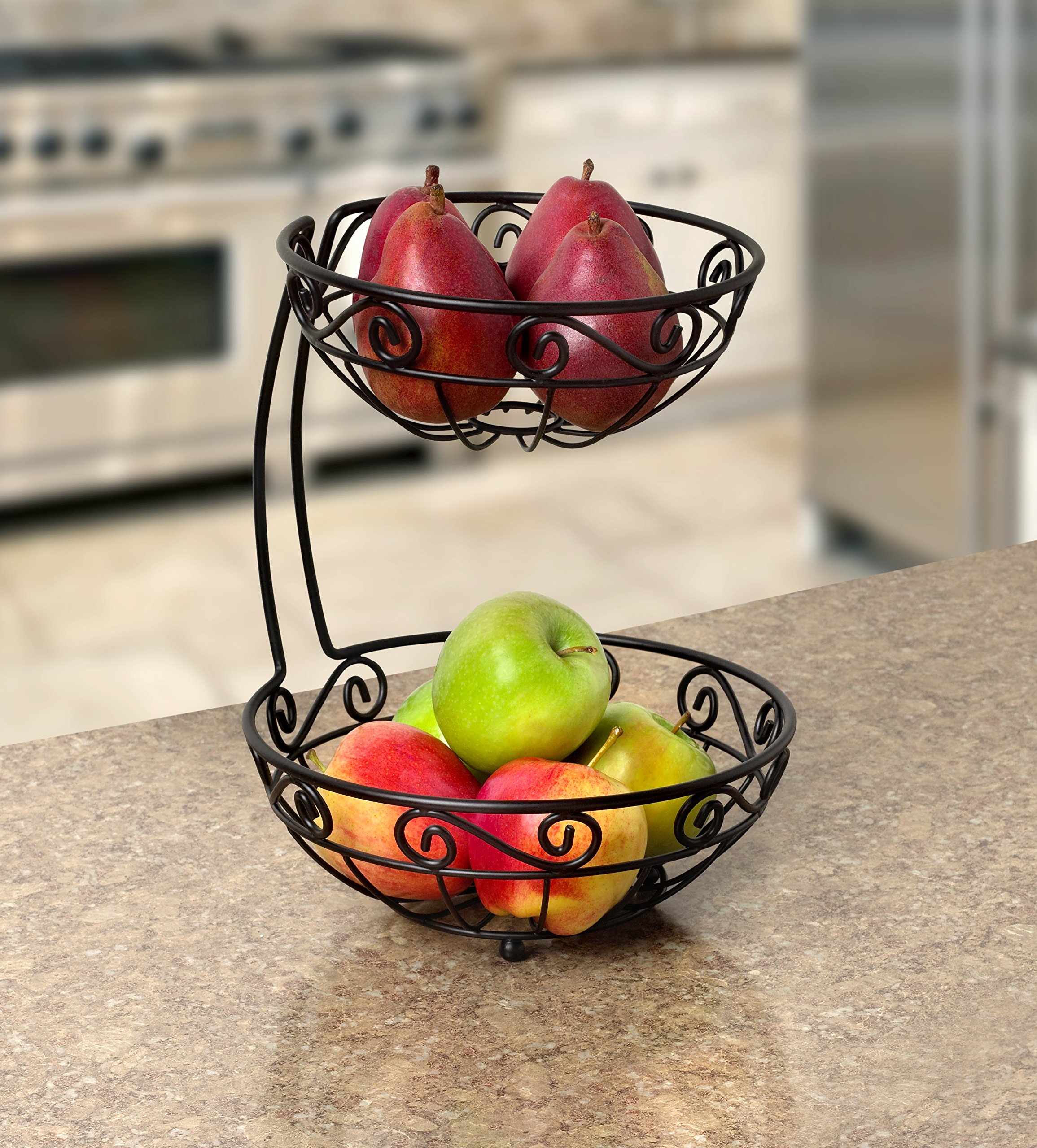 2-Tier Black Spectrum Scroll Fruit Stand - Kitchen Counter Organizer for Fruits, Vegetables & Food Storage | Perfect for Pantry, Dining Table & Small Space Organization