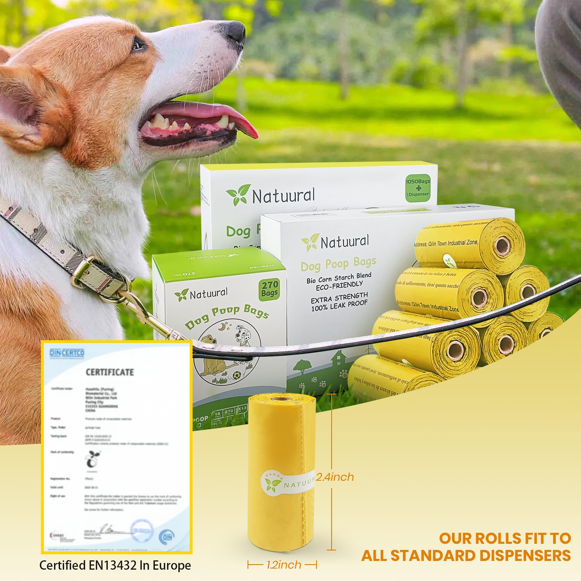 Certified Compostable Dog Poop Bags - 270 Count (18 Rolls) | Cornstarch-Based, Eco-Friendly & Durable | Unscented Yellow Waste Bags for Dogs | Perfect for Park Walks, Backyard Cleanup & Travel Use
