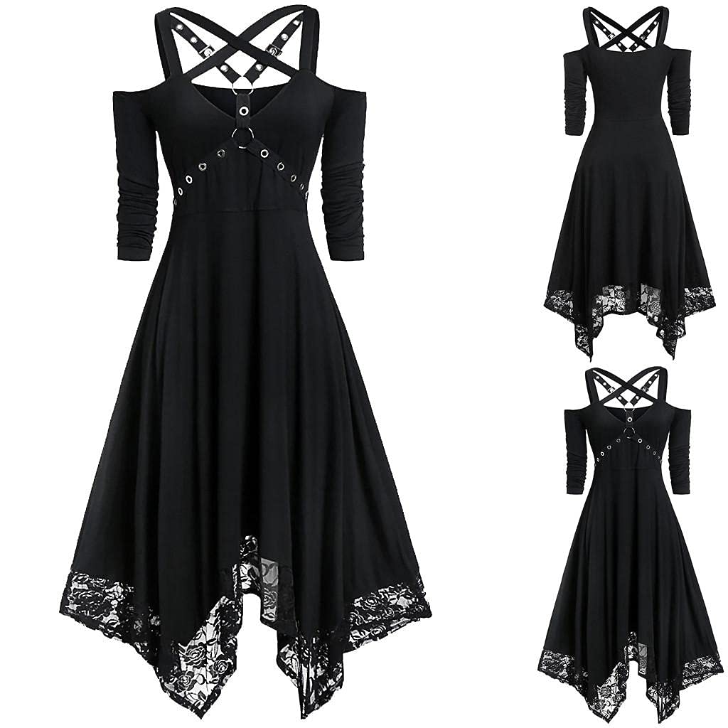Gothic Plus Size Women's Off Shoulder Lace Vintage Medieval Dress - Black Criss Cross Strap Party Sun Dress for Cosplay, Halloween & Renaissance Fairs