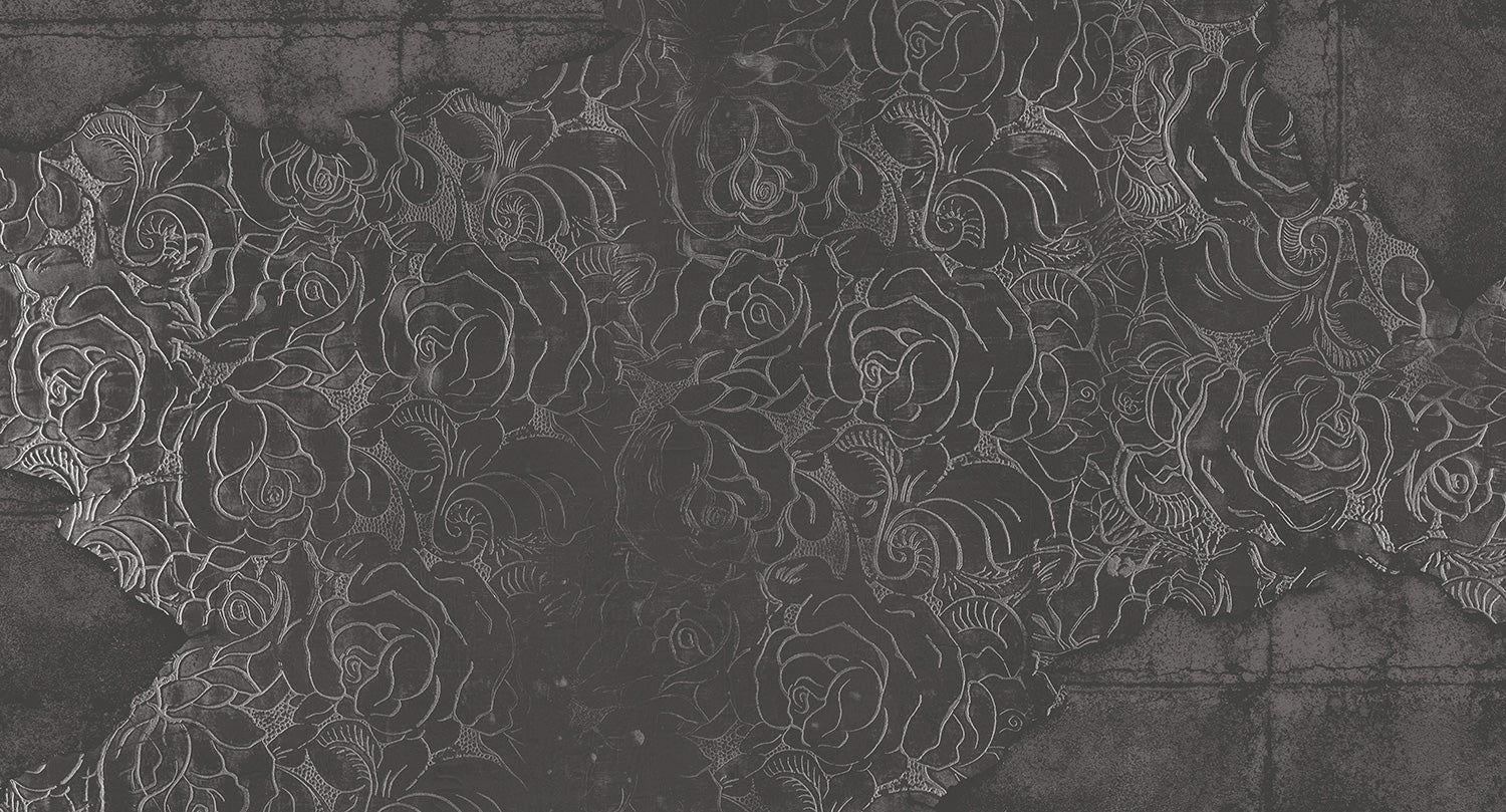 Dark Grey Floral Engraved Concrete Mural Wallpaper M9564 - Peel and Stick Wallpaper for Living Room, Bedroom, Office Decor