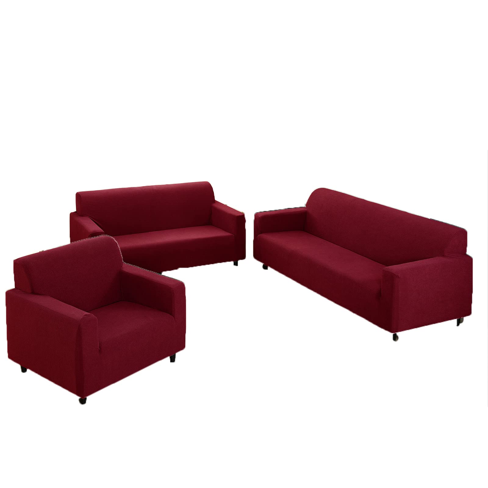 3-Piece Sofa Cover Set - Jacquard Velvet Slipcovers for 1/2/3-Seater Couch, Loveseat & Armchair - Wine Red Furniture Protector (Sofa+Loveseat+Armchair) - Perfect for Living Room, Family Room & Home Decor Protection
