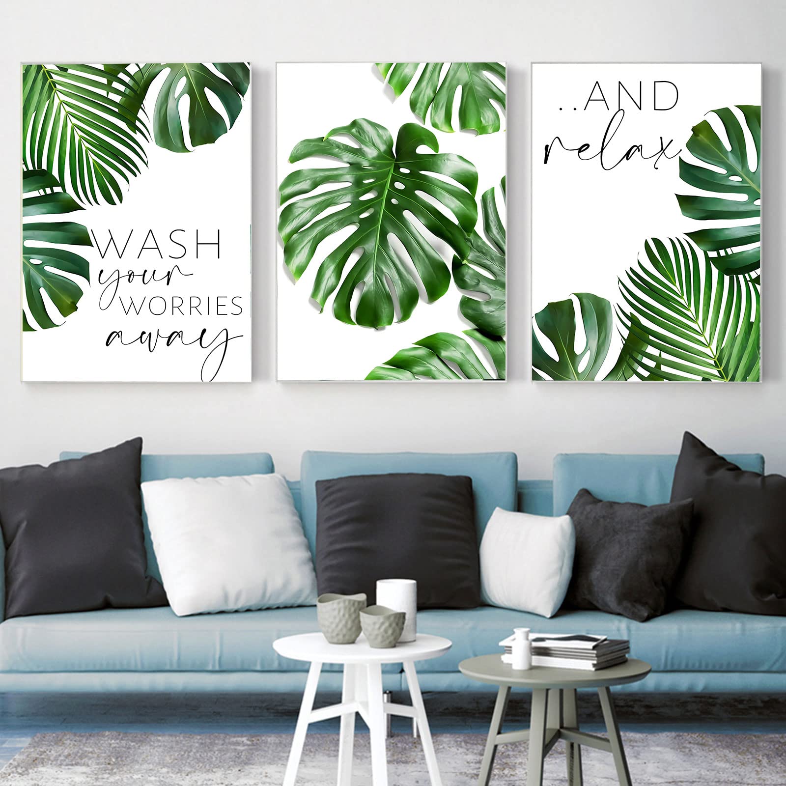 Set of 3 Monstera Tropical Leaf Wall Art Prints - 16x24 Inch Green Botanical Plant Posters, Nordic Style Canvas Decor for Living Room, Bedroom & Office - Modern Unframed Home Decor (Botanical Theme)
