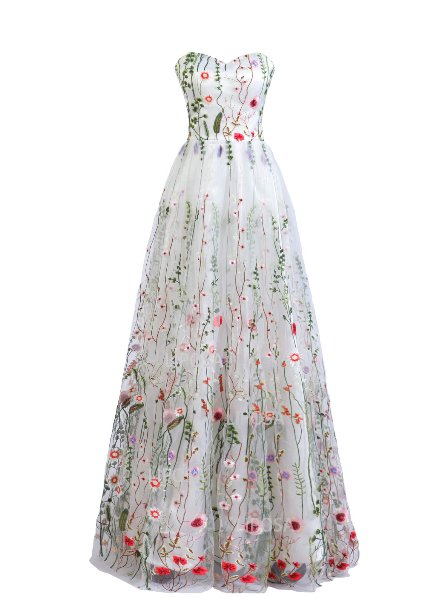 LIPOSA Women's Sweetheart Neck Floral Embroidered Formal Evening Gown A-Line Maxi Prom Dress for Wedding, Party & Special Occasions