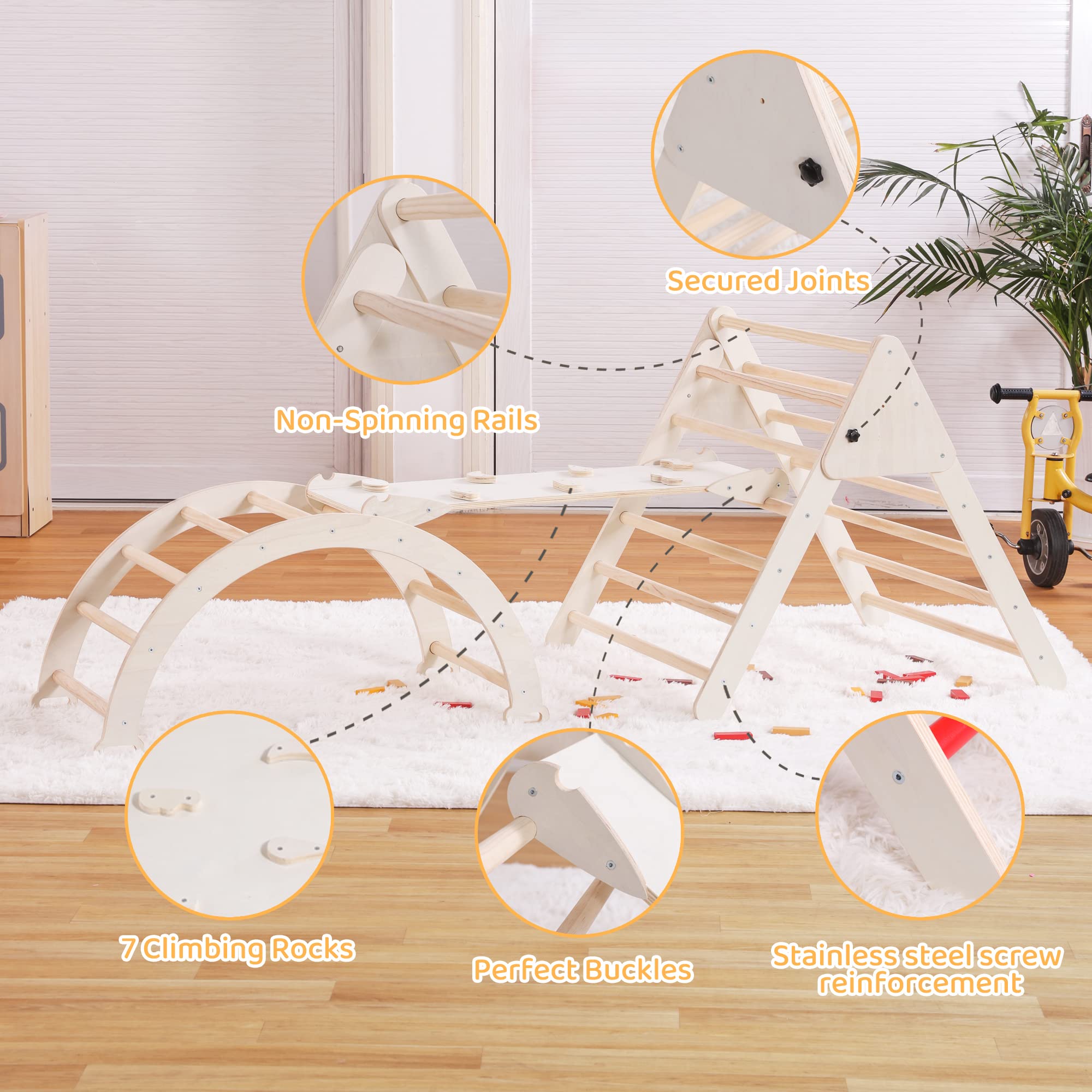 Foldable 5-in-1 Pikler Triangle Set with Arch, Ramp & Climbing Triangle - Montessori Wooden Climbing Toy for Toddlers Ages 2-6 - Indoor Play Gym for Kids - Natural Wood - Perfect for Home Playrooms, Daycares & Montessori Classrooms