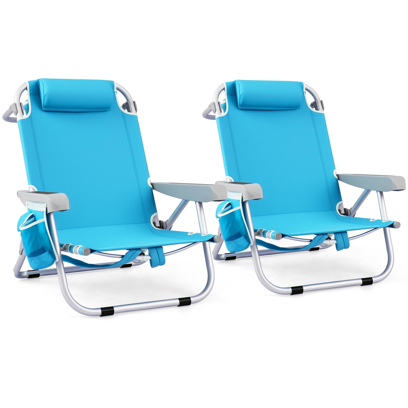 Goplus 2 Pack Heavy Duty Folding Beach Chairs for Adults - 330lbs Capacity, 5-Position Adjustable Backpack Chairs with Storage Pockets, Towel Bar & Headrest - Portable Aluminum Frame Lay Flat Camping Chairs for Beach, Poolside, Backyard, Picnic & Outdoor Relaxation