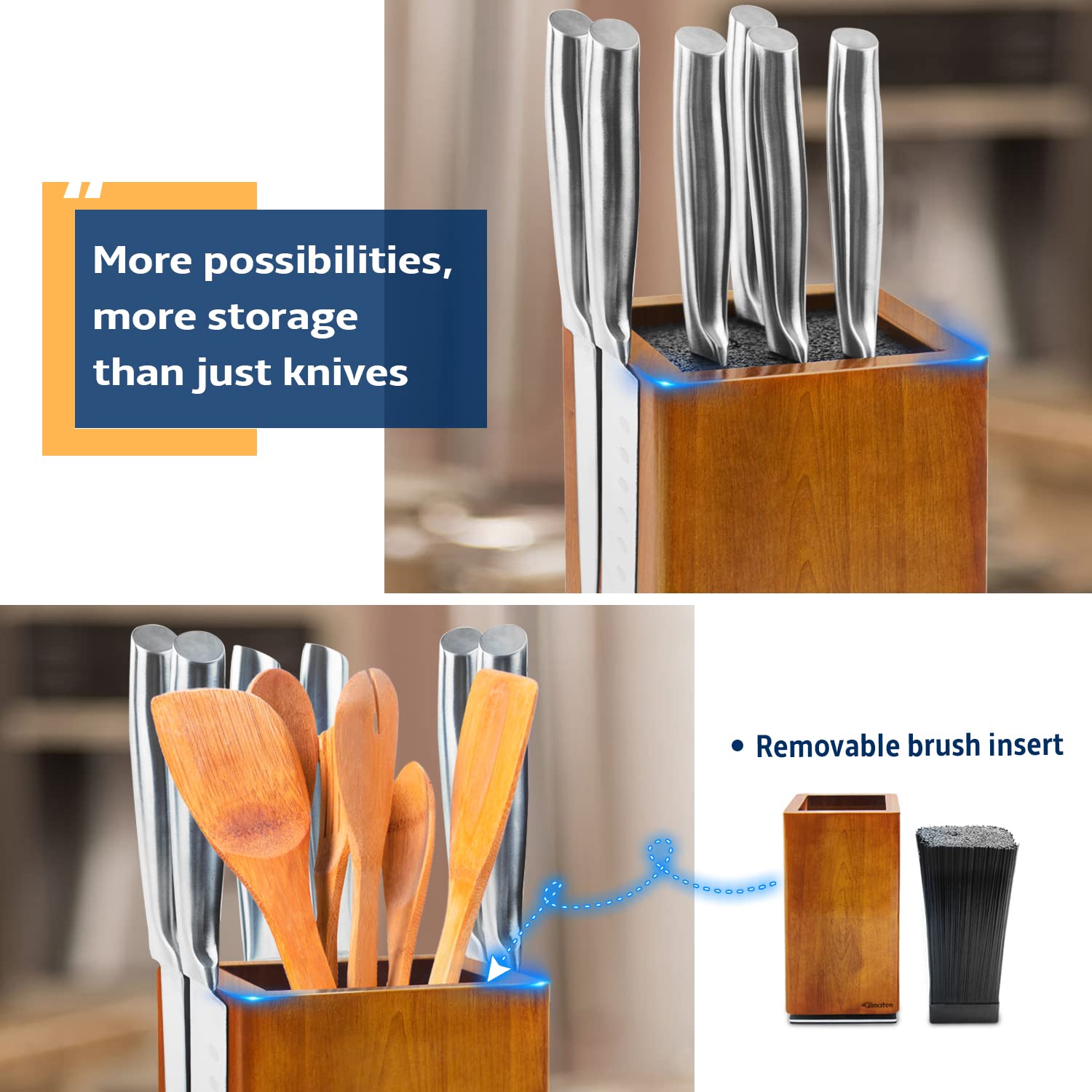360° Rotatable Magnetic Knife Holder - Universal Acacia Wood Knife Block with Extra Strong Magnets for Knives & Utensils | Space-Saving Kitchen Organizer for Countertops, Drawers & Small Kitchens