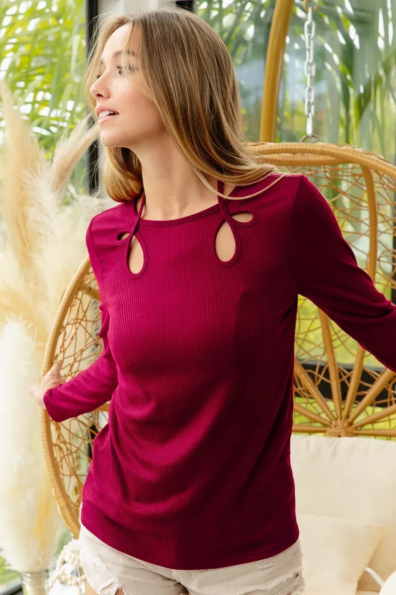 BiBi Rib Knit Cut Out Tied Neck Detailed Top for Women | Trendy Casual & Party Wear | Perfect for Date Nights and Outings