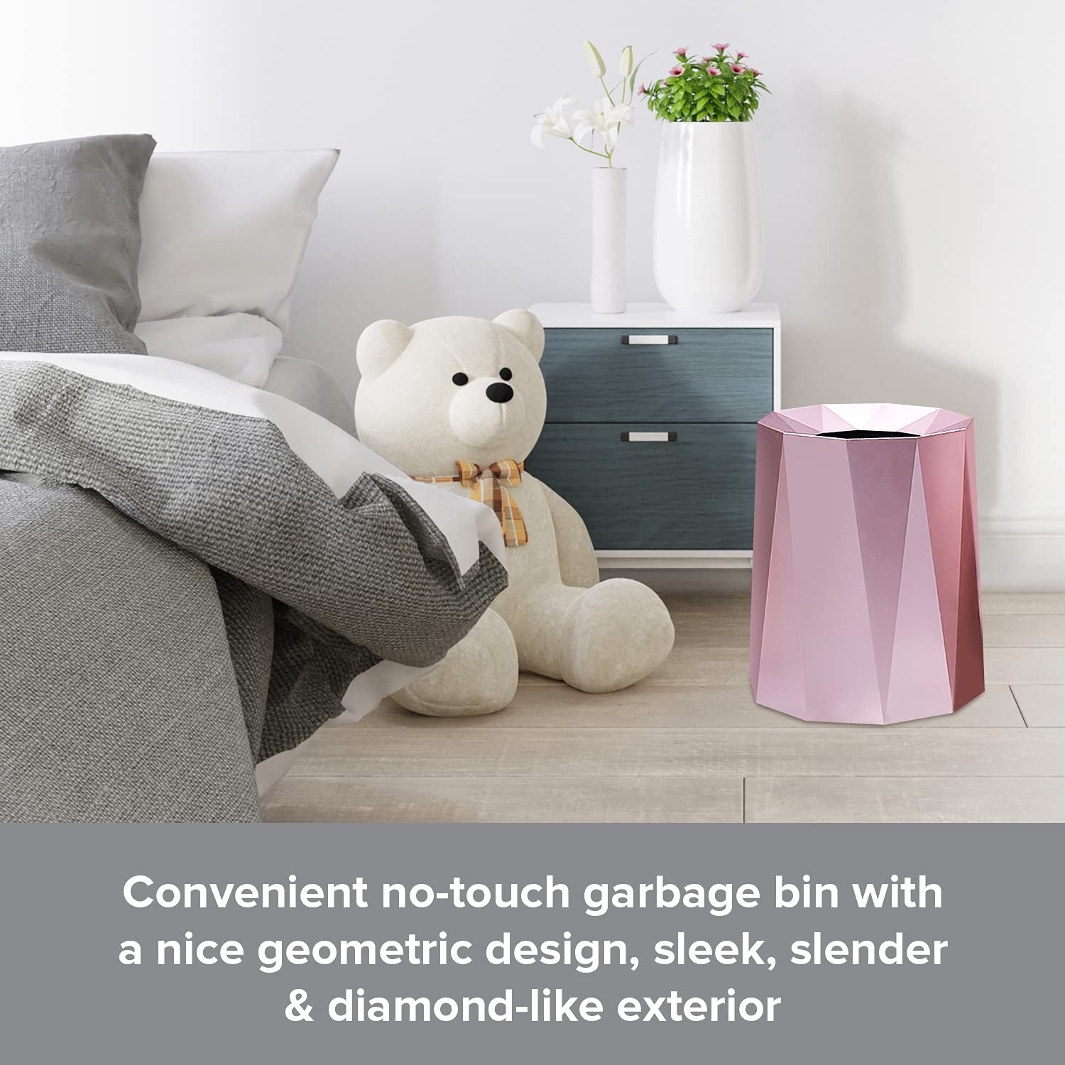 Premium Nordic Open Top Geometric Trash Can - Double Barrel Waste Bin with Removable Plastic Liner, 8L/2.1Gal Capacity - Elegant Rose Gold Garbage Can for Living Room, Bedroom & Bathroom | Perfect for Home, Office & Hotel Decor