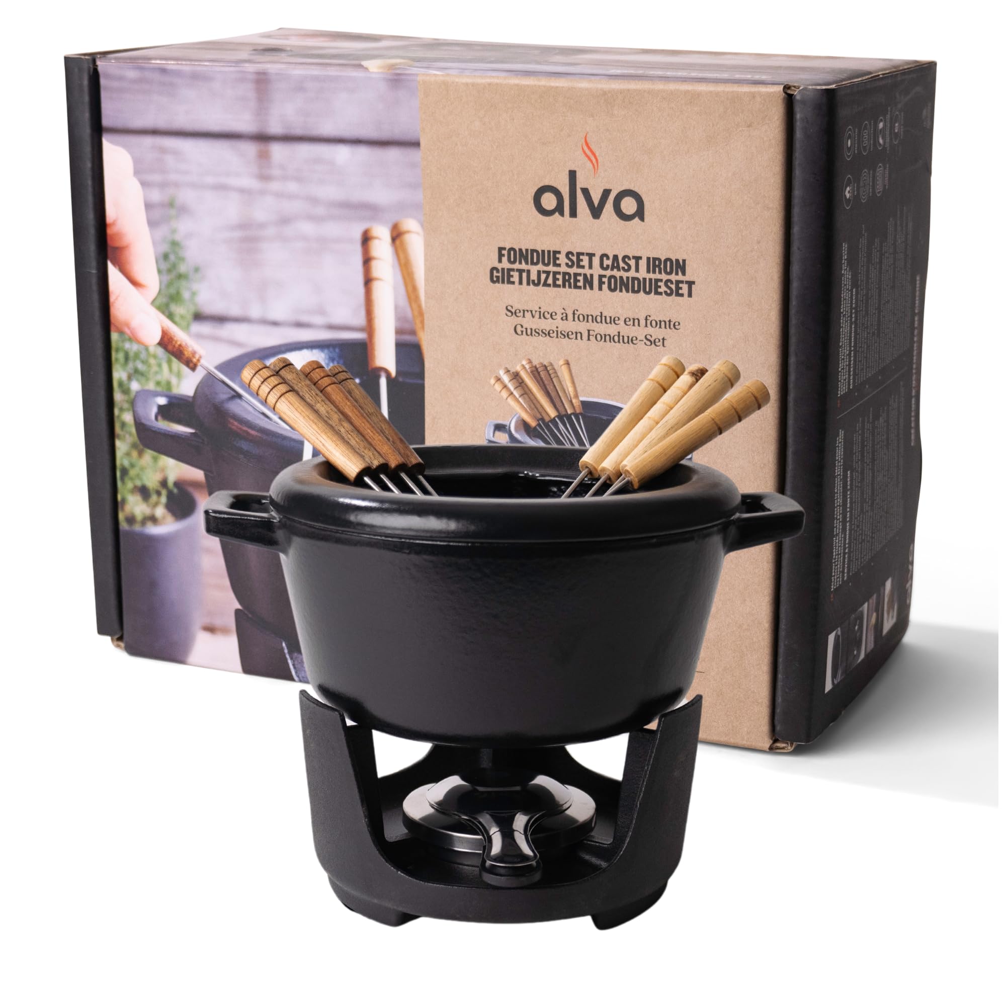 Alva Nori 2 Qt Enameled Cast Iron Fondue Set with 8 Wooden Forks & Adjustable Burner - Non-Toxic Cheese, Chocolate, and S'mores Fondue Pot - PFOA-Free, Easy Clean Melting Pot for Parties, Date Nights, and Family Gatherings