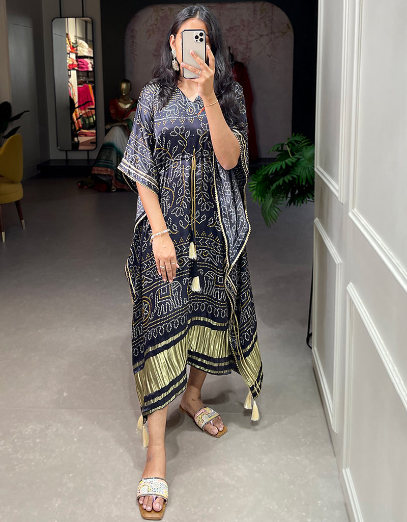 Elegant Black Pure Gaji Silk Kaftan Dress with Bandhej Digital Print & Gotta Patti Lace Border - Trendy Designer Party Wear with Tassel Details for Women | Perfect for Evening Parties, Weddings & Special Occasions