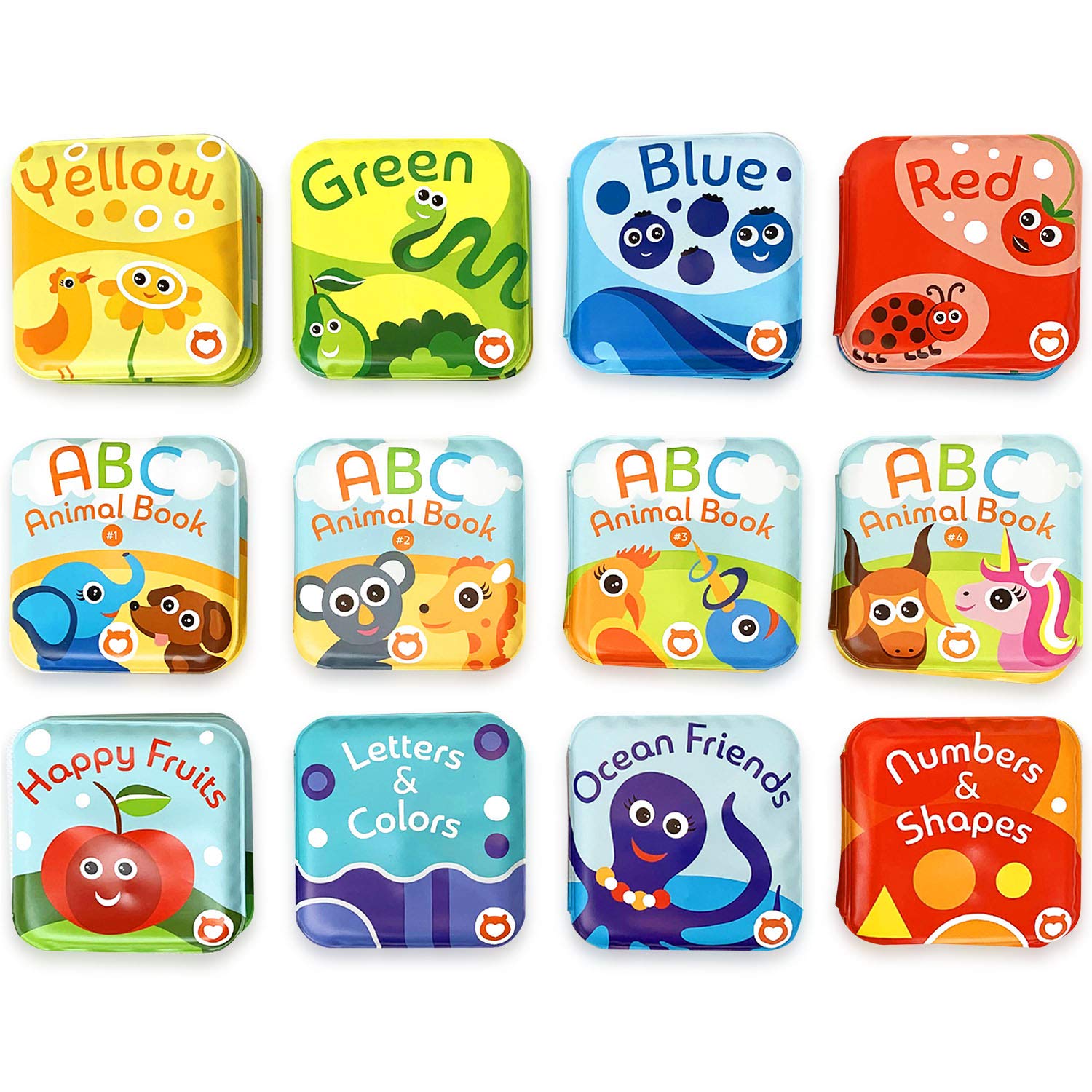 12-Piece Super Bath Book Set for Toddlers - Fruits, Ocean Friends, ABC, Numbers & Color Recognition (Yellow, Green, Red, Blue) - Waterproof Educational Bath Toys for Baby Learning & Playtime Fun