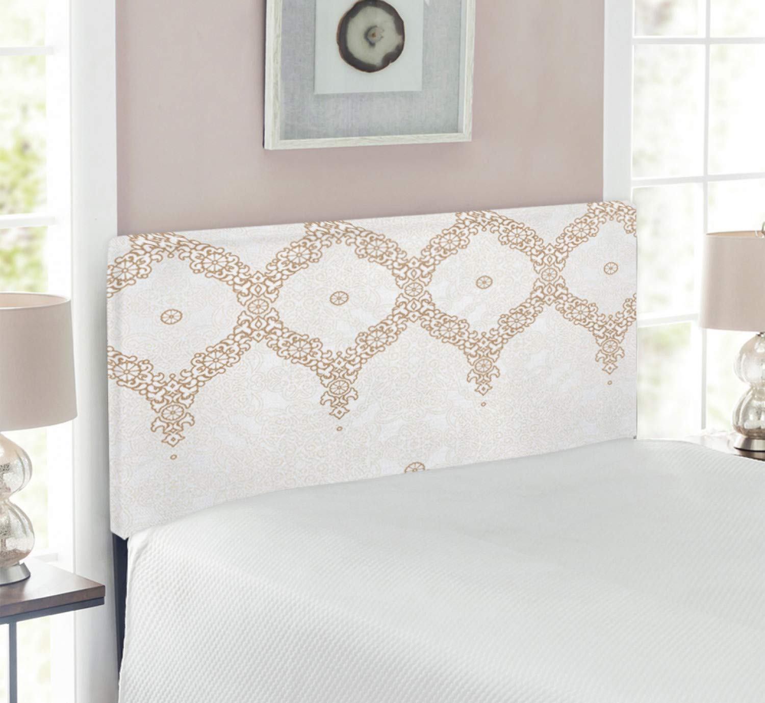 Ambesonne Moroccan Upholstered Headboard with Memory Foam - Twin Size Bed Headboard in White Umber Camel, Traditional Eastern Ornate Pattern & Soft Colors - Perfect for Bedroom Decor, Guest Room, and Bohemian Style Home Interiors