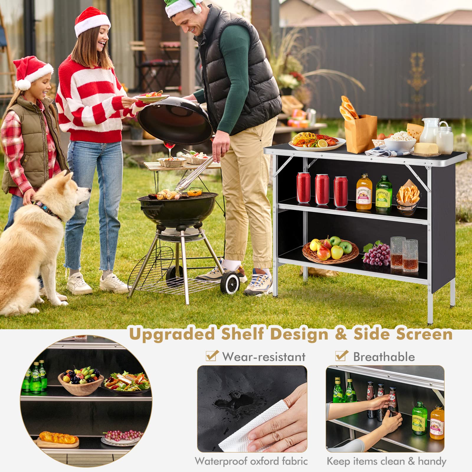 COSTWAY Folding Camping Table - Portable Aluminum Picnic Table with Carry Bag & 2 Shelves - Lightweight Outdoor Dining Table for BBQ, Party, Backyard, Beach, Tailgating & RV Camping (Black)