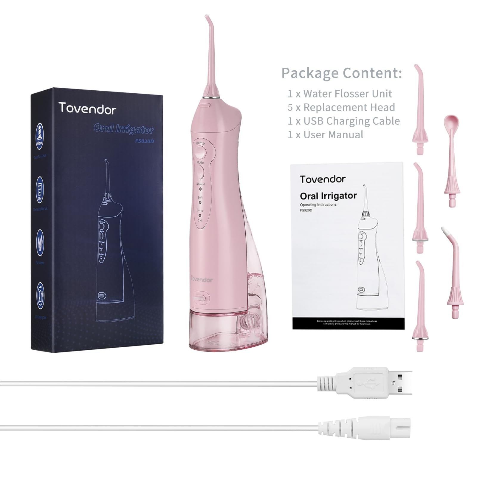 TOVENDOR Cordless Water Dental Flosser - 300ML Rechargeable Oral Irrigator with 5 Nozzle Tips, IPX7 Waterproof for Teeth Cleaning, Braces Care & Gum Health | Portable Travel Water Flosser for Home & Office Use