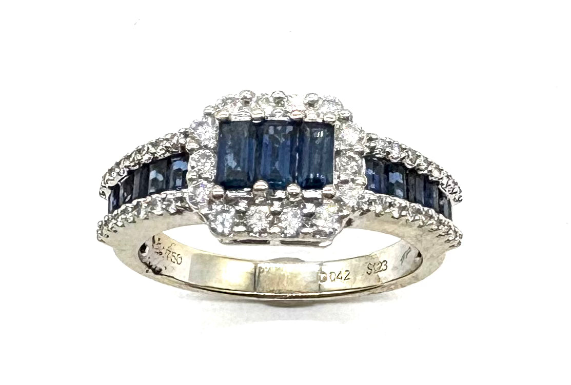 18K Gold Sapphire Three Row Halo Engagement Ring for Women - Elegant Wedding Band, Anniversary Gift, Promise Ring for Her