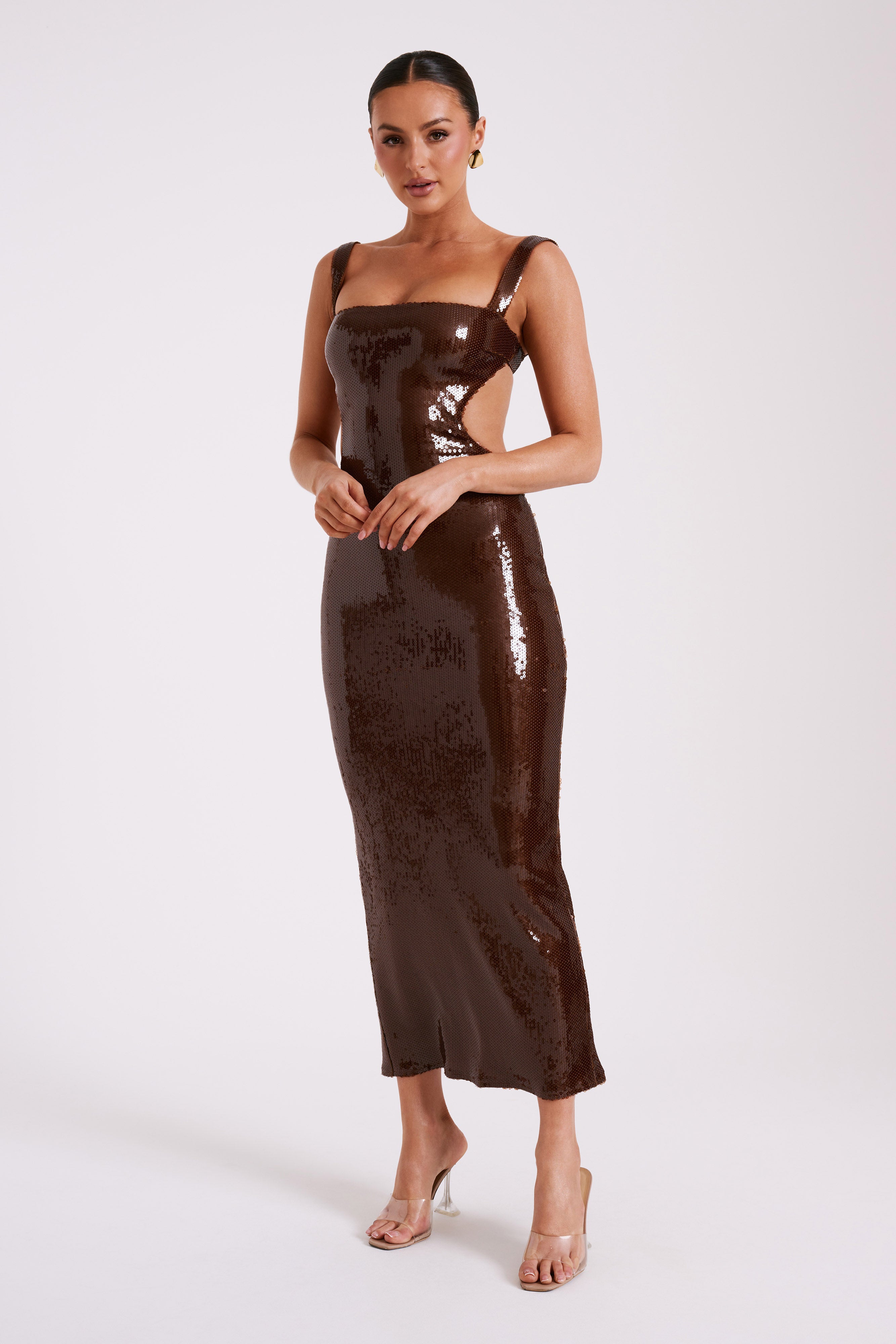 Adoria Sequin Cut Out Maxi Dress for Women - Elegant Chocolate Evening Gown for Parties, Prom, and Special Occasions