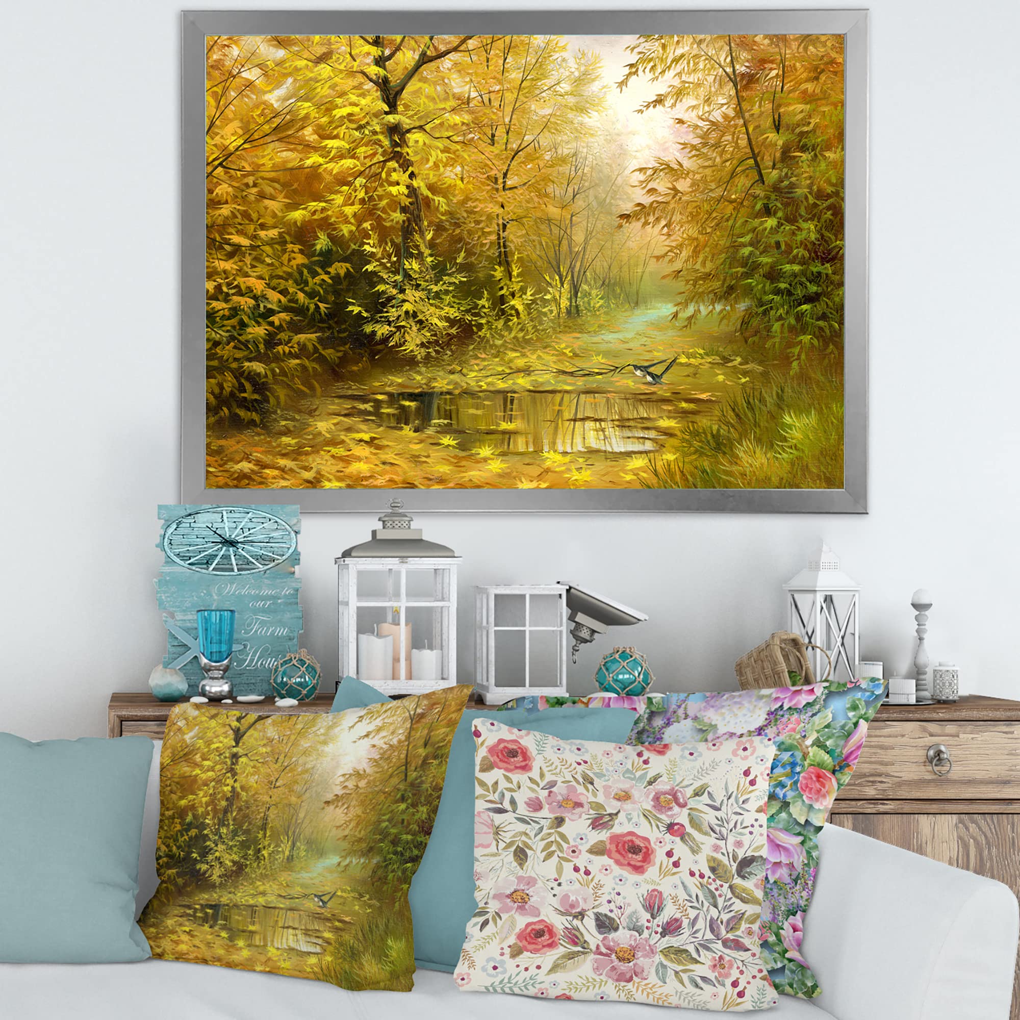 DesignQ Road In Yellow Woodlands Country Framed Wall Art - Rustic Landscape Painting for Living Room, Bedroom & Office Decor