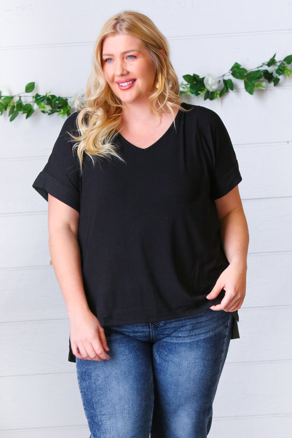 Black Ribbed V-Neck Hi-Low Slit Top for Women - Stylish & Sexy Tunic Blouse for Night Out, Party, or Casual Wear